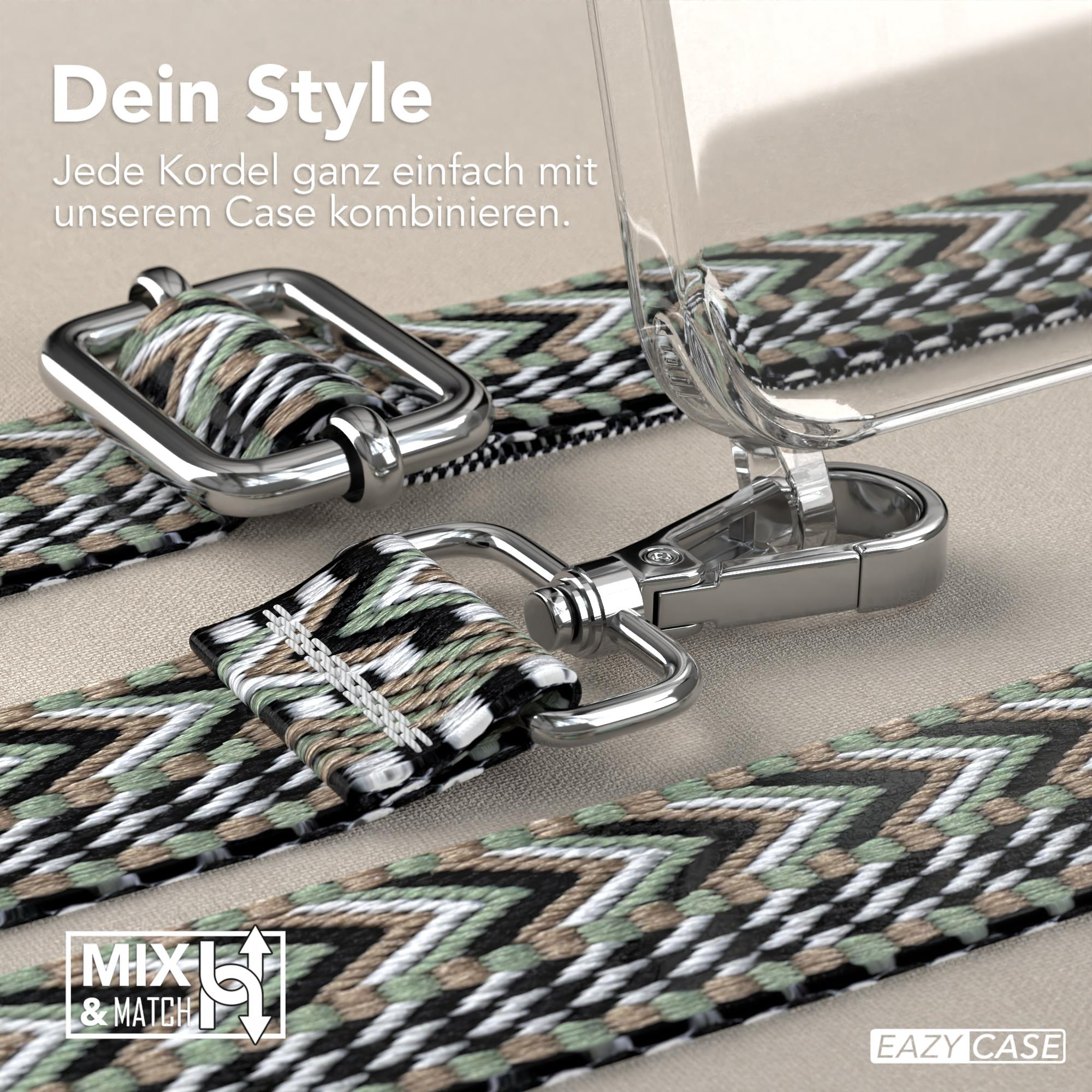 Nahaufnahme einer Handyhülle mit Riemen und silbernen Metallbeschlägen.