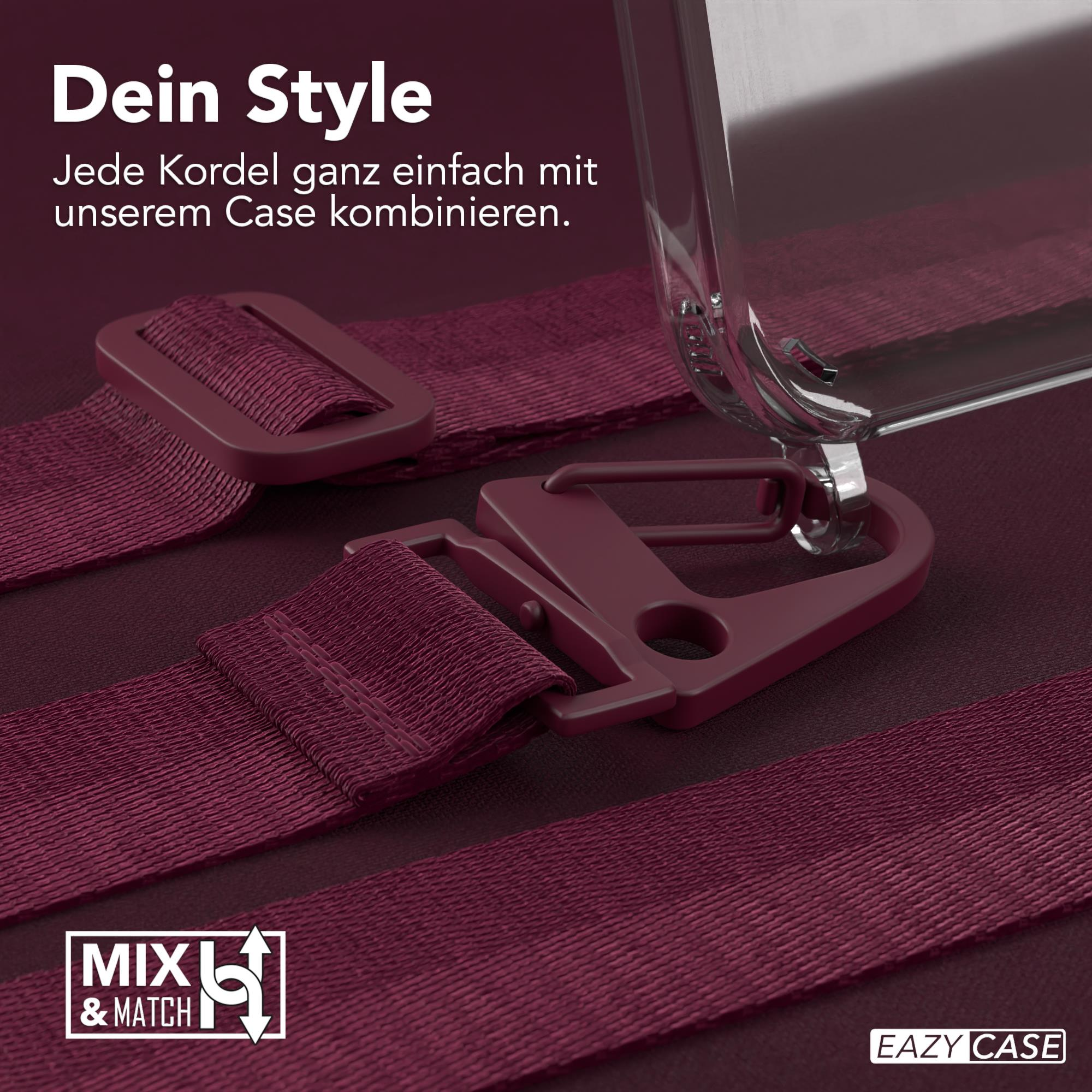 Burgunderfarbener Riemen mit klarer Handyhülle und silbernem Verschluss. Der Text lautet 'Dein Style'.
