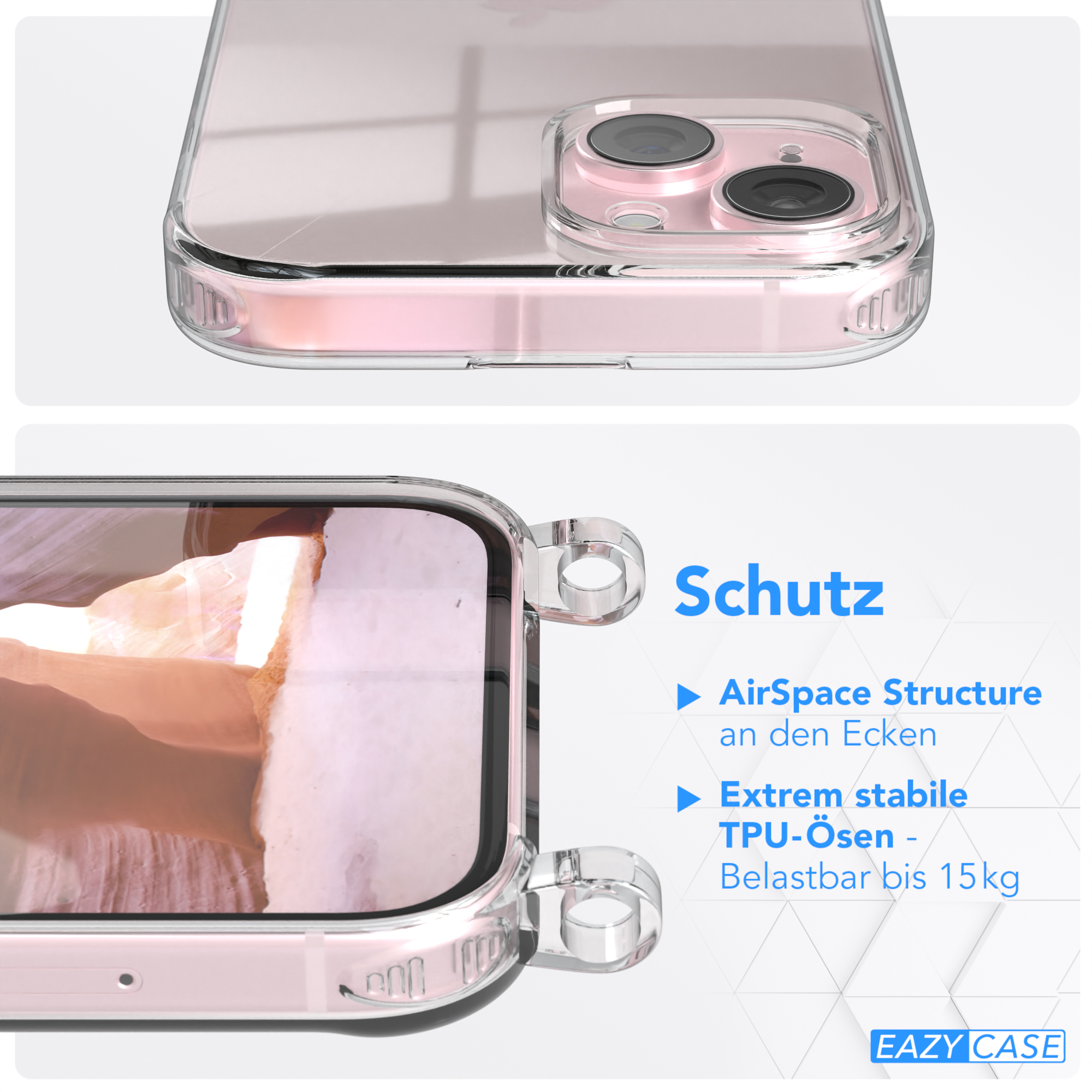Eine transparente Handyhülle mit einem rosa Telefon. Text: AirSpace Structure und Extrem stabile TPU-Ösen.