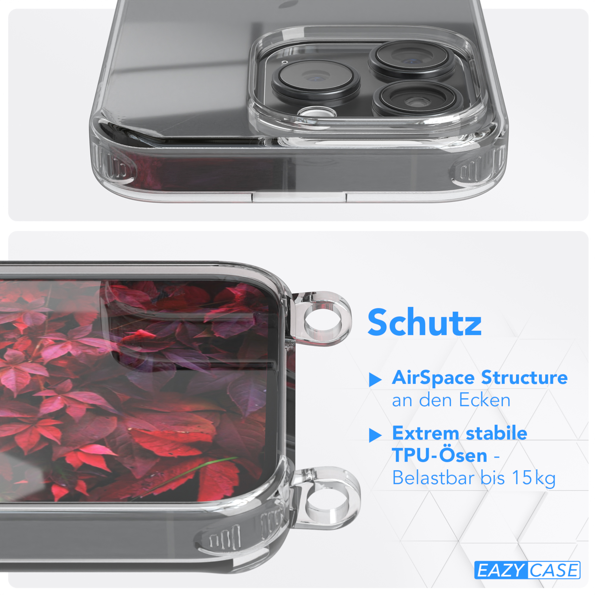 Transparente Handyhülle. Draufsicht zeigt Hülle und Kamer. Text: AirSpace Struktur und TPU-Ösen.
