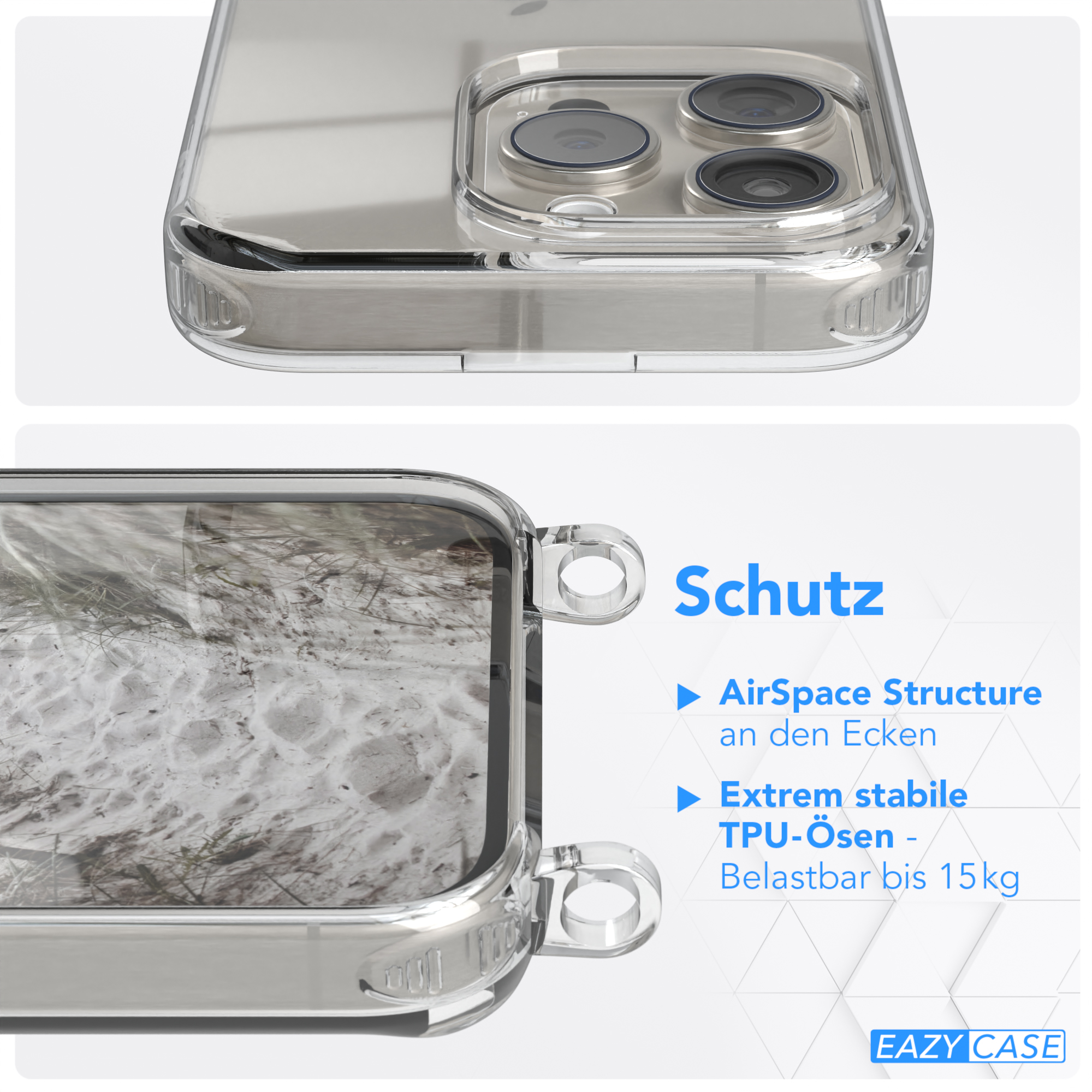 EAZY CASE Transparente Handyhülle / Apple, mit iPhone Pro, Karabiner, Kordel + runder Umhängetasche, Taupe 15 Beige Gold Matt