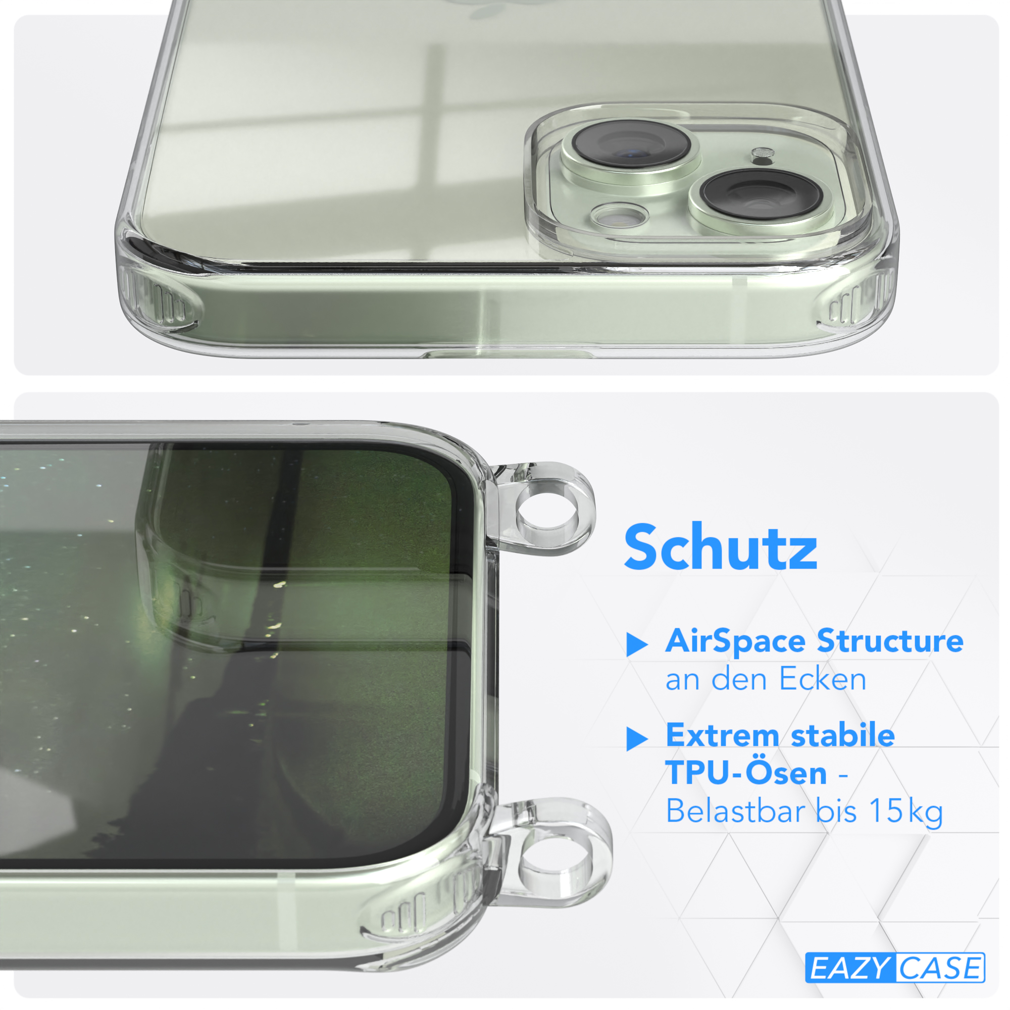 Eine transparente Handyhülle mit Telefon, zeigt Rückseite und Seite mit Schutzdetails.