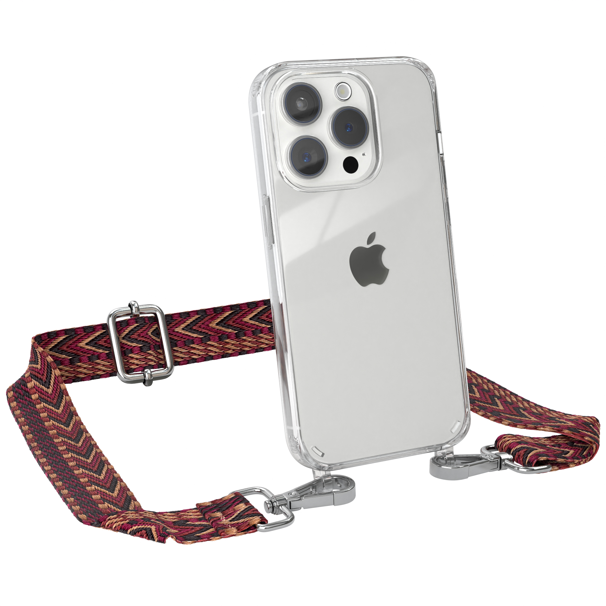 Ein iPhone mit einer transparenten Hülle und einem gemusterten Riemen.