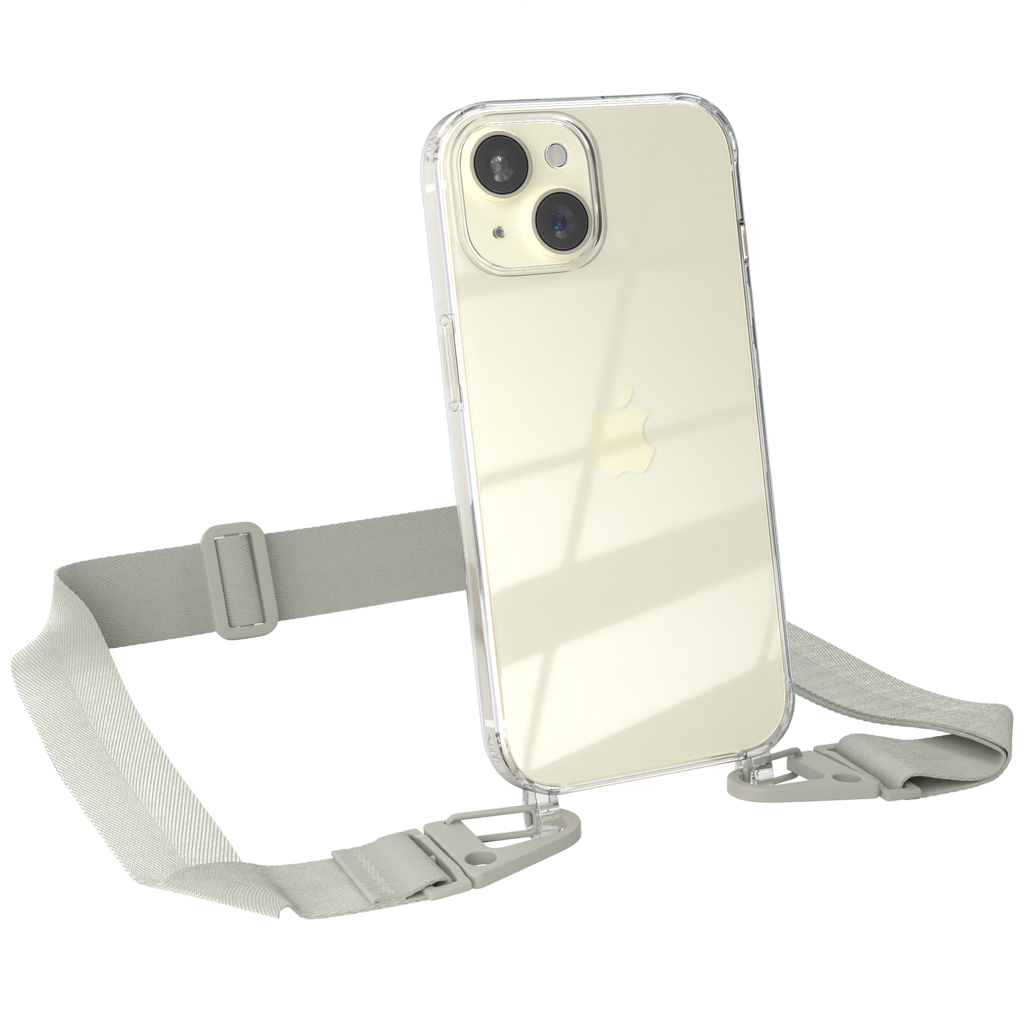 Ein Telefon mit einer durchsichtigen Hülle und einem grauen Armband wird gezeigt. Das Telefon ist weiß mit Apple-Logo.