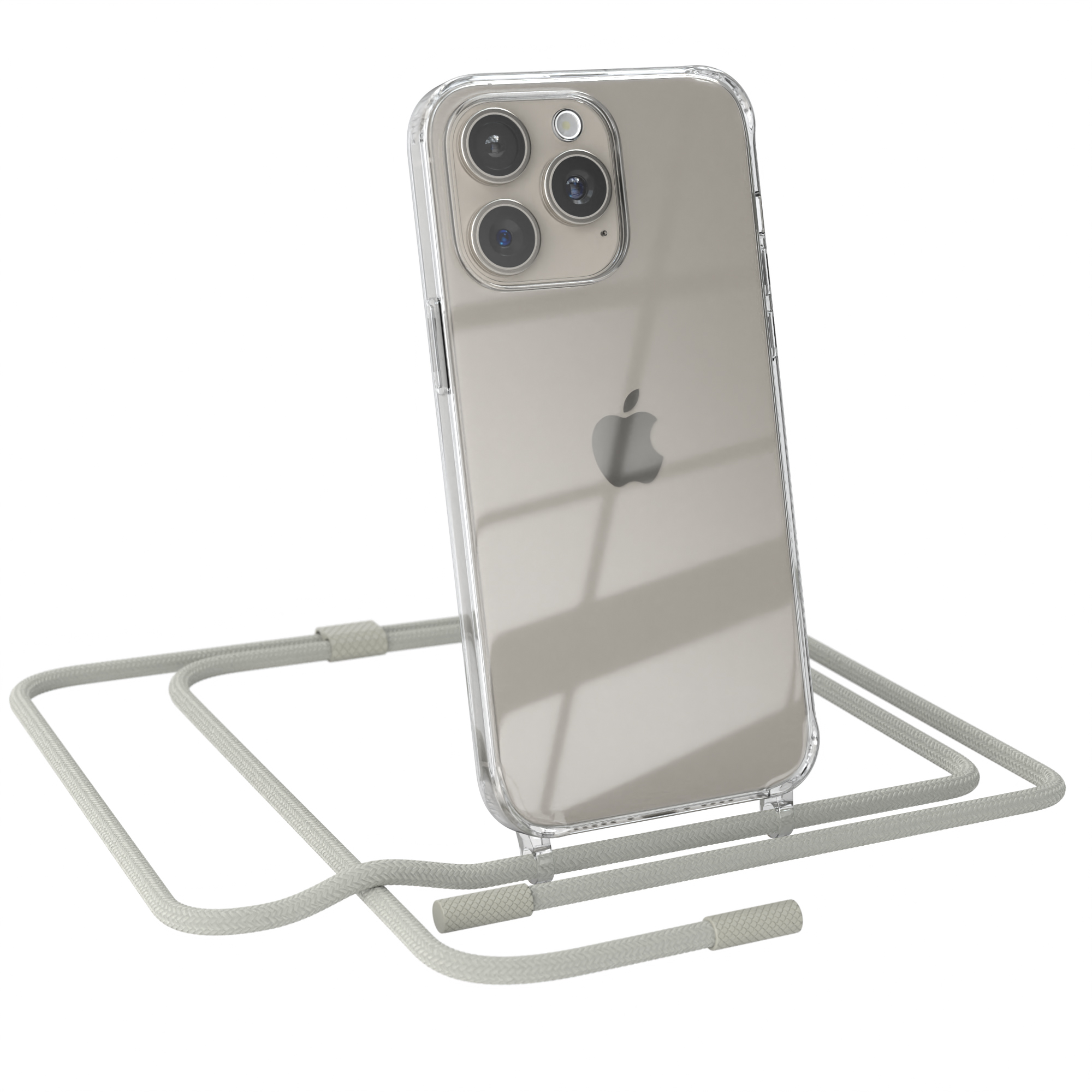 Ein Telefon in einer durchsichtigen Hülle mit einem grauen Riemen. Das Gehäuse hat drei Kameras.