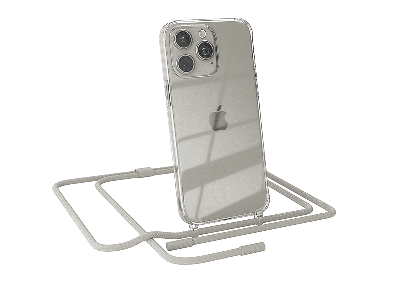 EAZY CASE Transparente Handyhülle mit runder Kette unifarbend, Umhängetasche, Apple, iPhone 15 Pro Max, Beige Grau / Taupe