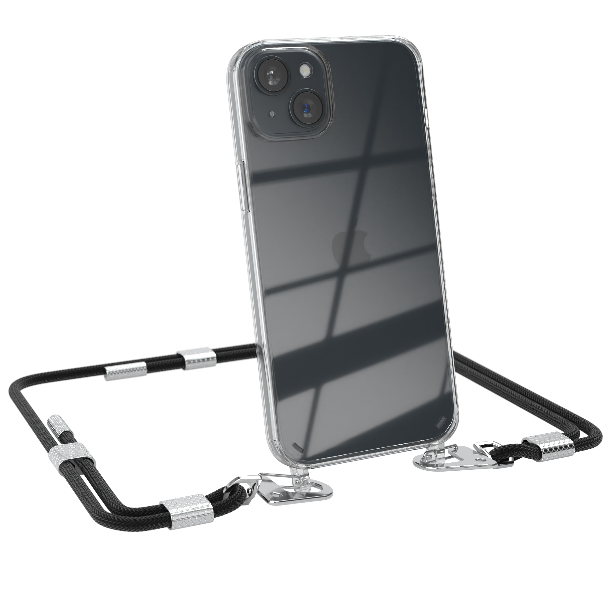EAZY CASE Kordel Plus, Karabiner, Umhängetasche, Schwarz 15 Handyhülle Transparente Apple, mit iPhone / Silber runder 