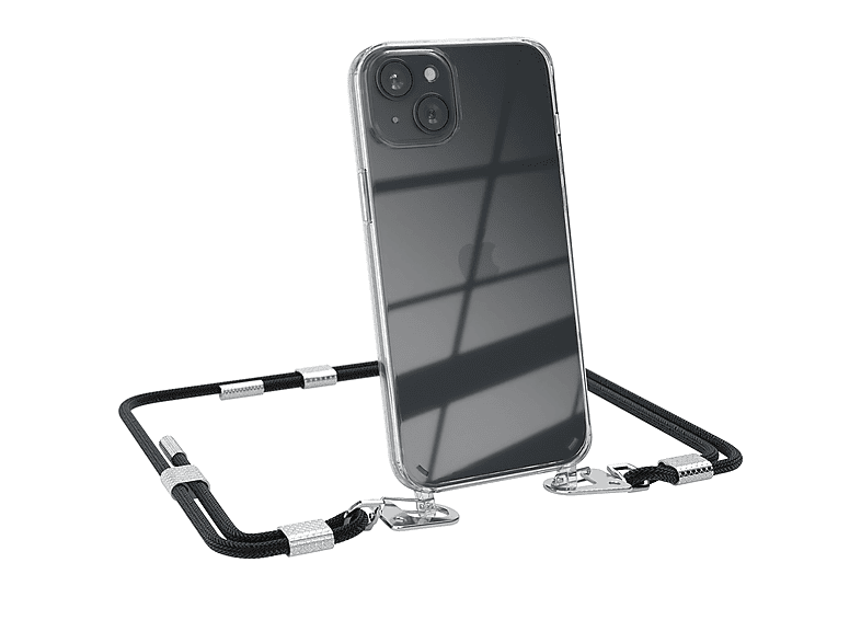 EAZY CASE Transparente Handyhülle mit runder Kordel + Karabiner, Umhängetasche, Apple, iPhone 15 Plus, Schwarz / Silber