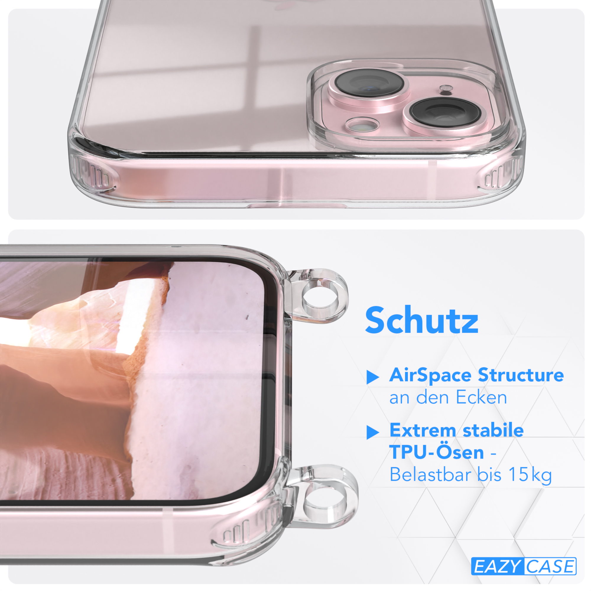 15 Umhängetasche, Handyhülle mit iPhone / Transparente Kordel breiter Altrosa Coral Plus, Apple, CASE + Karabiner, EAZY