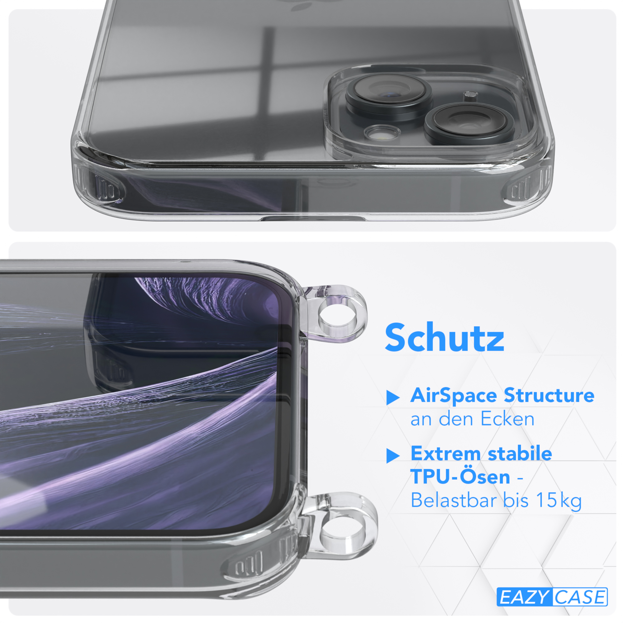 Eine transparente Handyhülle mit einem Telefon darin. Text: 'Schutz', 'AirSpace Structure' und 'Extrem stabile TPU-Ösen'.