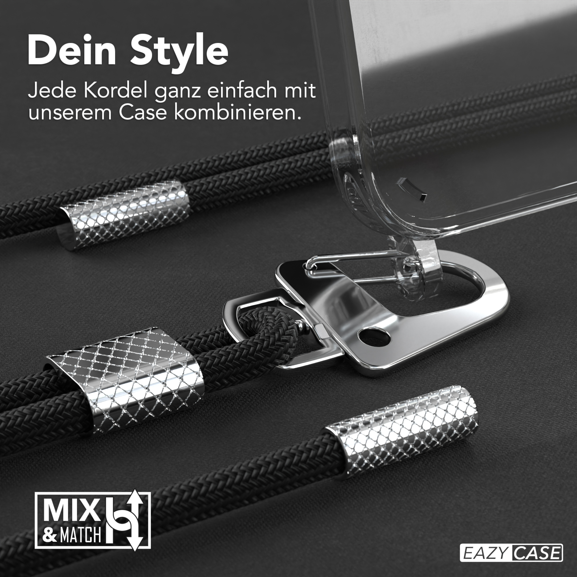 Schwarze Telefonkabel mit silbernen Metallakzenten und eine Handyhülle.