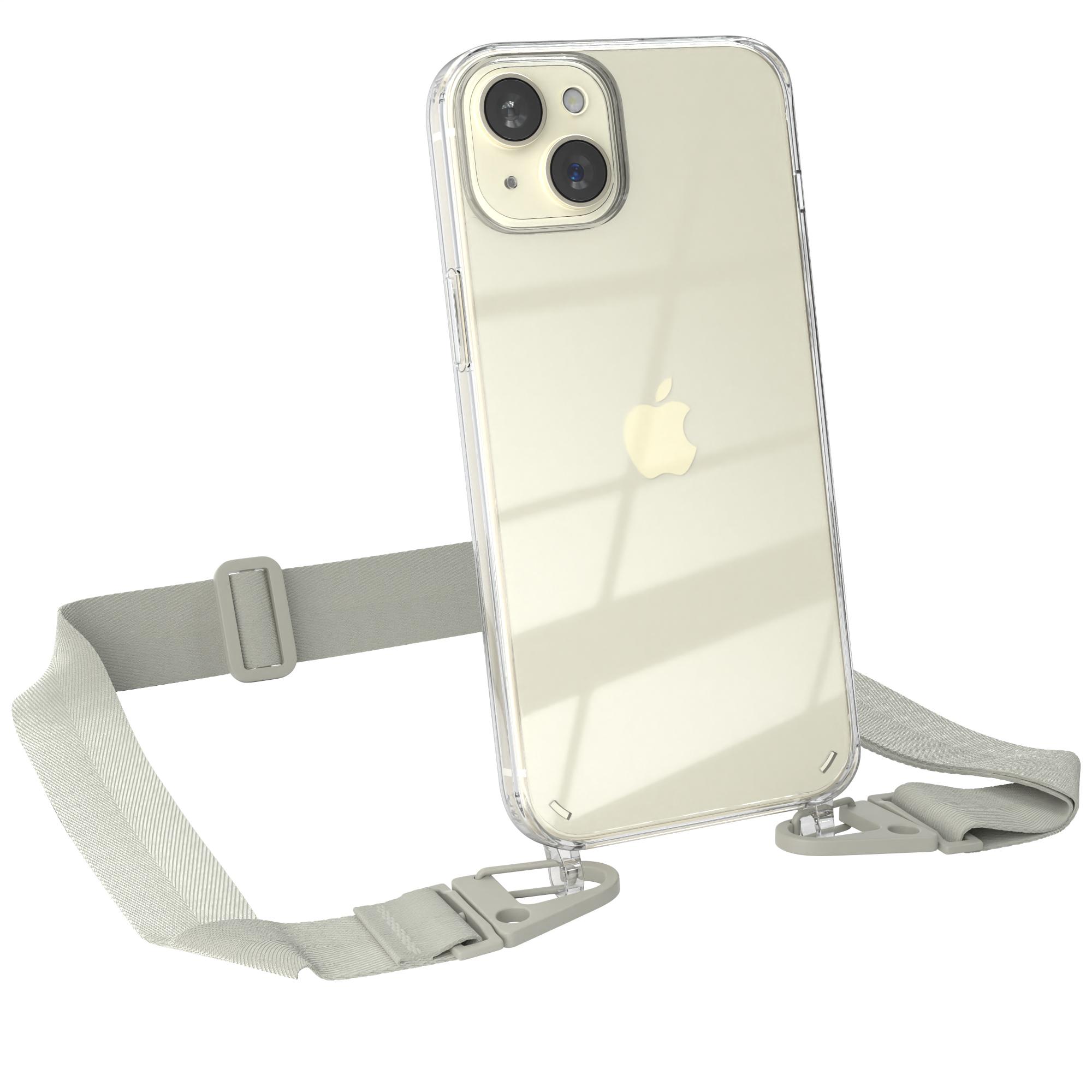 iPhone 15 Apple, Umhängetasche, mit Handyhülle EAZY Taupe Transparente Kordel CASE Plus, Karabiner, breiter Grau + / Beige