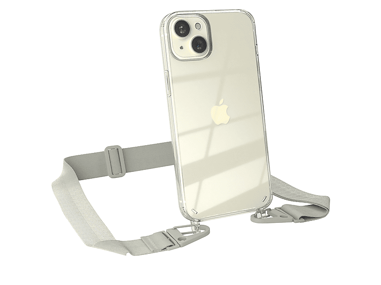 Apple, Handyhülle 15 mit Grau Beige breiter iPhone / Umhängetasche, Kordel CASE + Transparente Karabiner, Taupe Plus, EAZY
