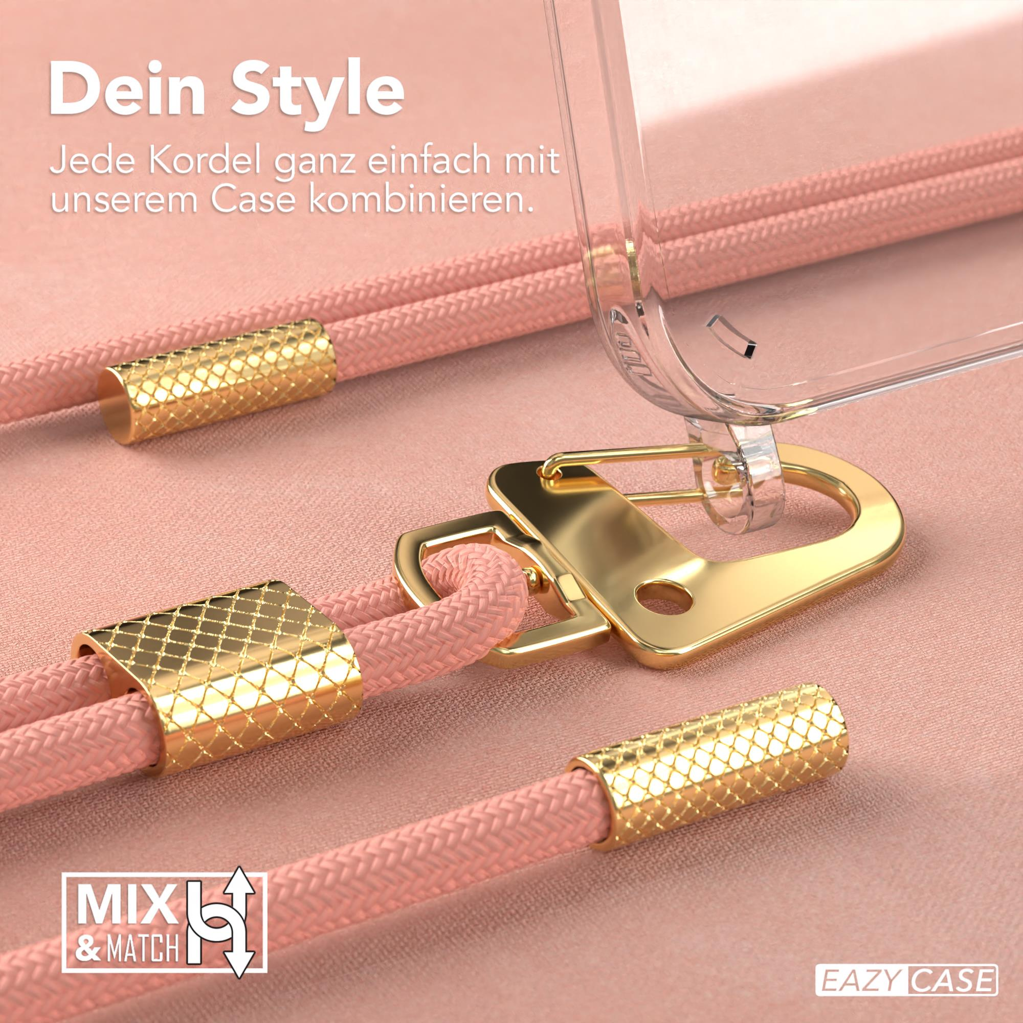 Nahaufnahme einer Handyhülle mit rosa Kordel und goldenen Details.