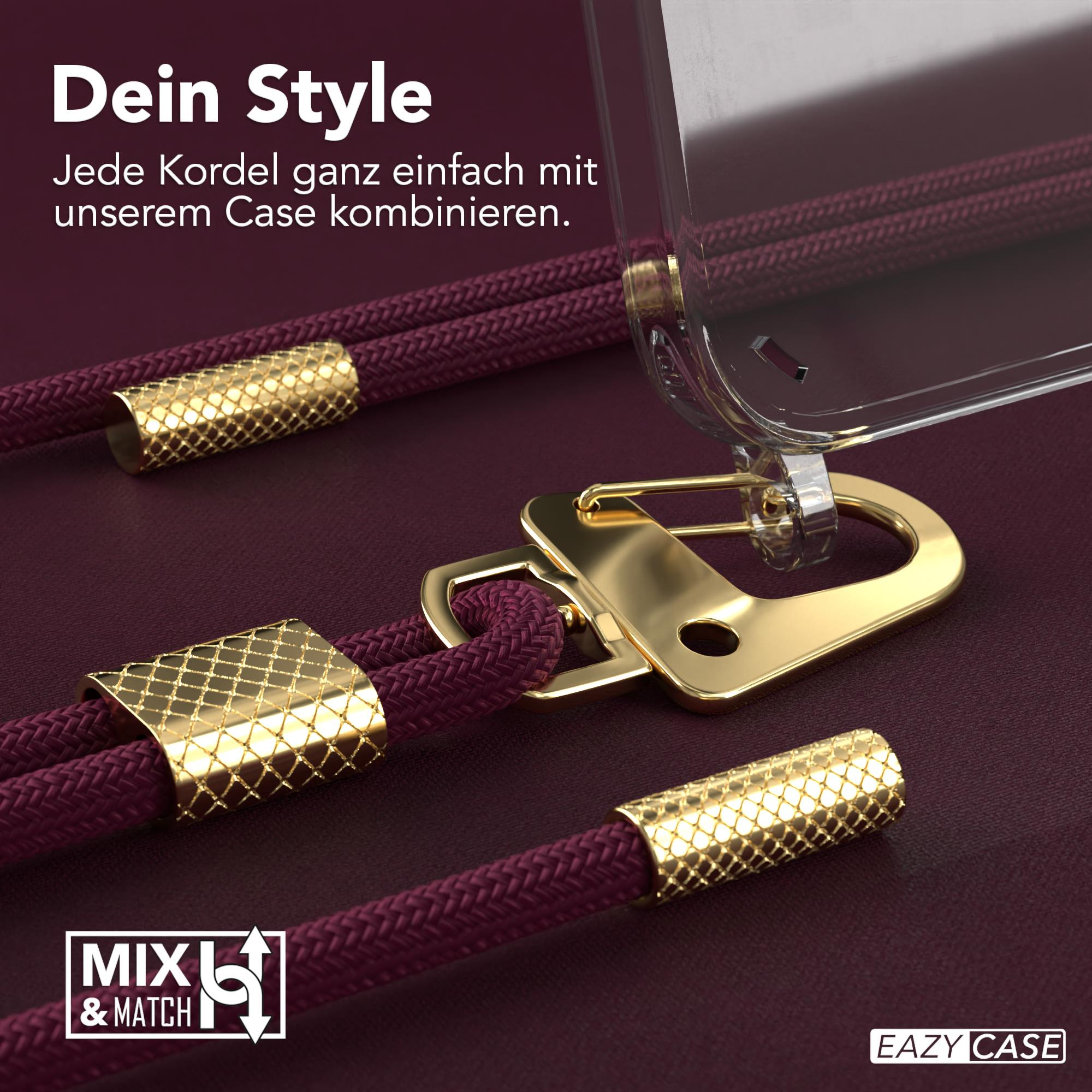 Nahaufnahme von Telefonkofferriemen-Komponenten. Weinrotes Seil mit Goldakzenten und Verschluss.