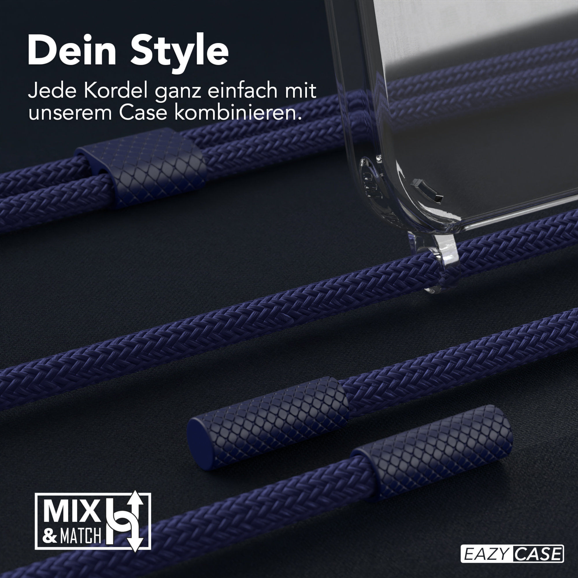 Nahaufnahme von blauen Telefonkabeln. Transparente Handyhülle. Text: Dein Style, Eazy Case Logo.