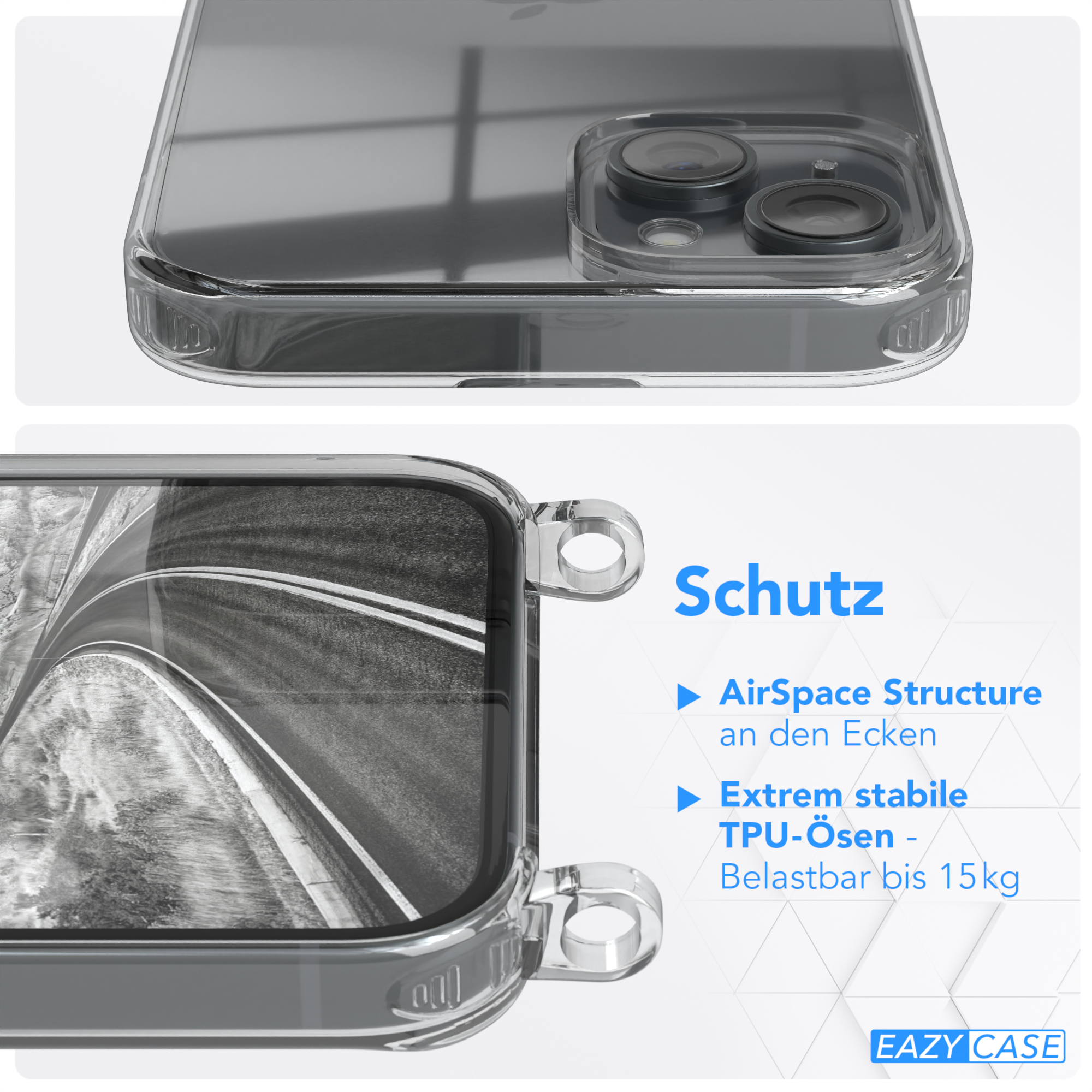 EAZY CASE Transparente Handyhülle mit Schwarz Umhängetasche, 15 Apple, Plus, unifarbend, runder Kette iPhone