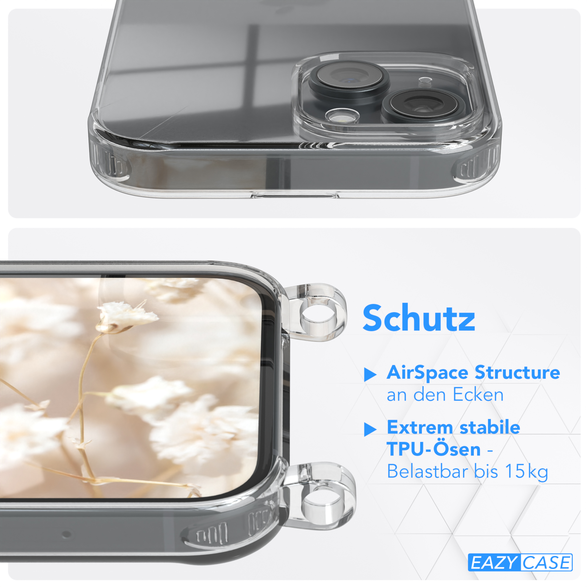 Zwei Bilder einer Handyhülle. Es hebt Funktionen wie die AirSpace Structure und TPU-Material hervor.