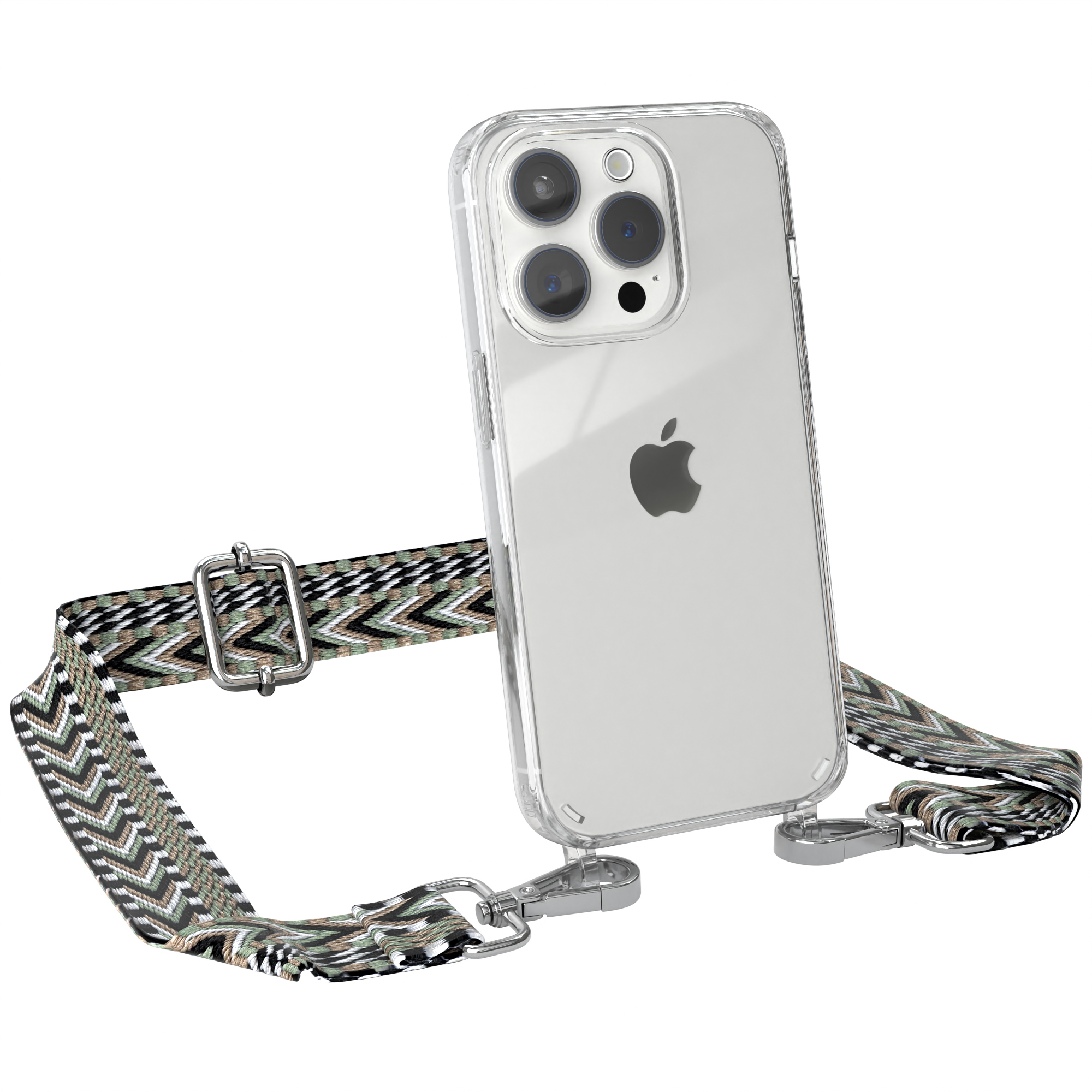 Transparente Handyhülle mit Trageriemen, iPhone im Hintergrund.
