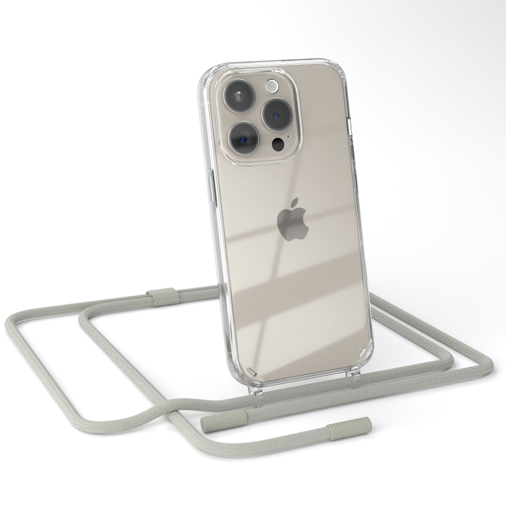 EAZY CASE Transparente Handyhülle mit Pro, Taupe Umhängetasche, Apple, iPhone 15 Beige runder Grau / unifarbend, Kette