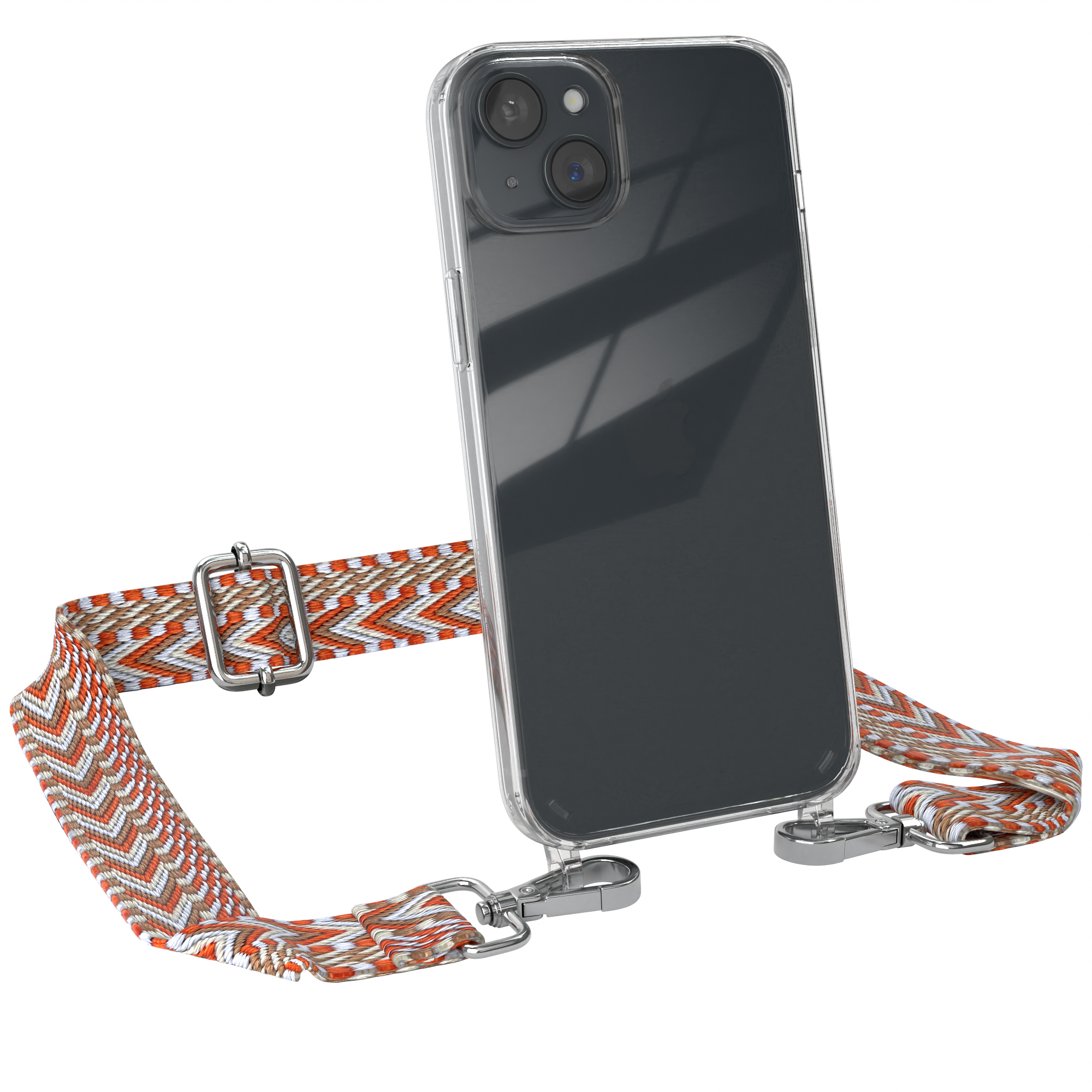 Transparente Handyhülle mit Trageriemen. Der Riemen ist orange, weiß und braun mit silberner Hardware.
