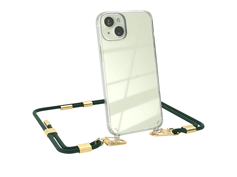 EAZY CASE Transparente Handyhülle mit runder Kordel + Karabiner, Umhängetasche, Apple, iPhone 15 Plus, Nachtgrün / Gold | Handyketten