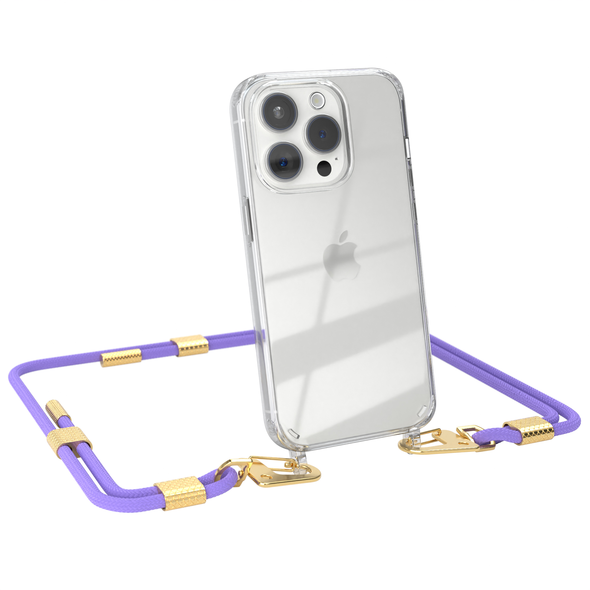 EAZY CASE Transparente iPhone Handyhülle Kordel mit Pro, Apple, 15 runder Gold Flieder Lila Karabiner, Umhängetasche, + 
