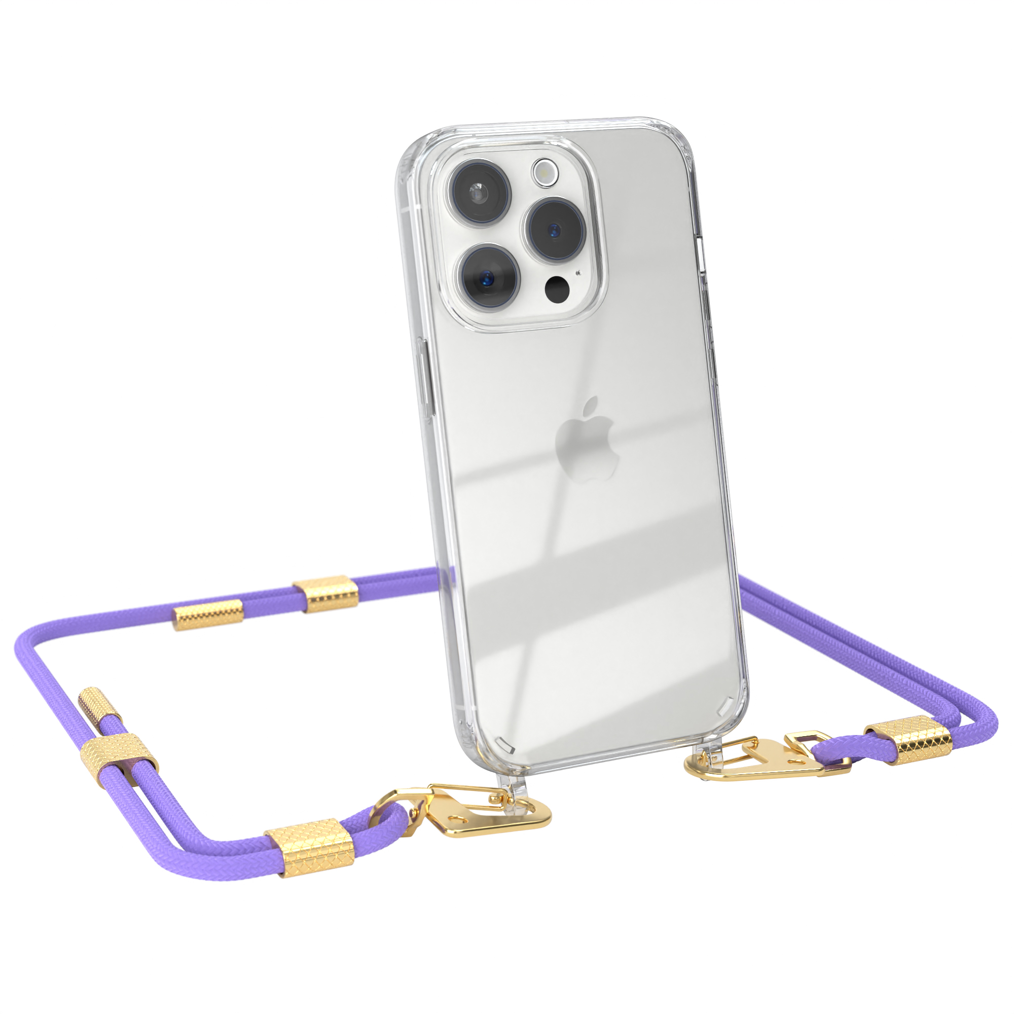 Transparente Handyhülle mit lila Kordel und goldenen Akzenten. Das Telefon ist weiß.