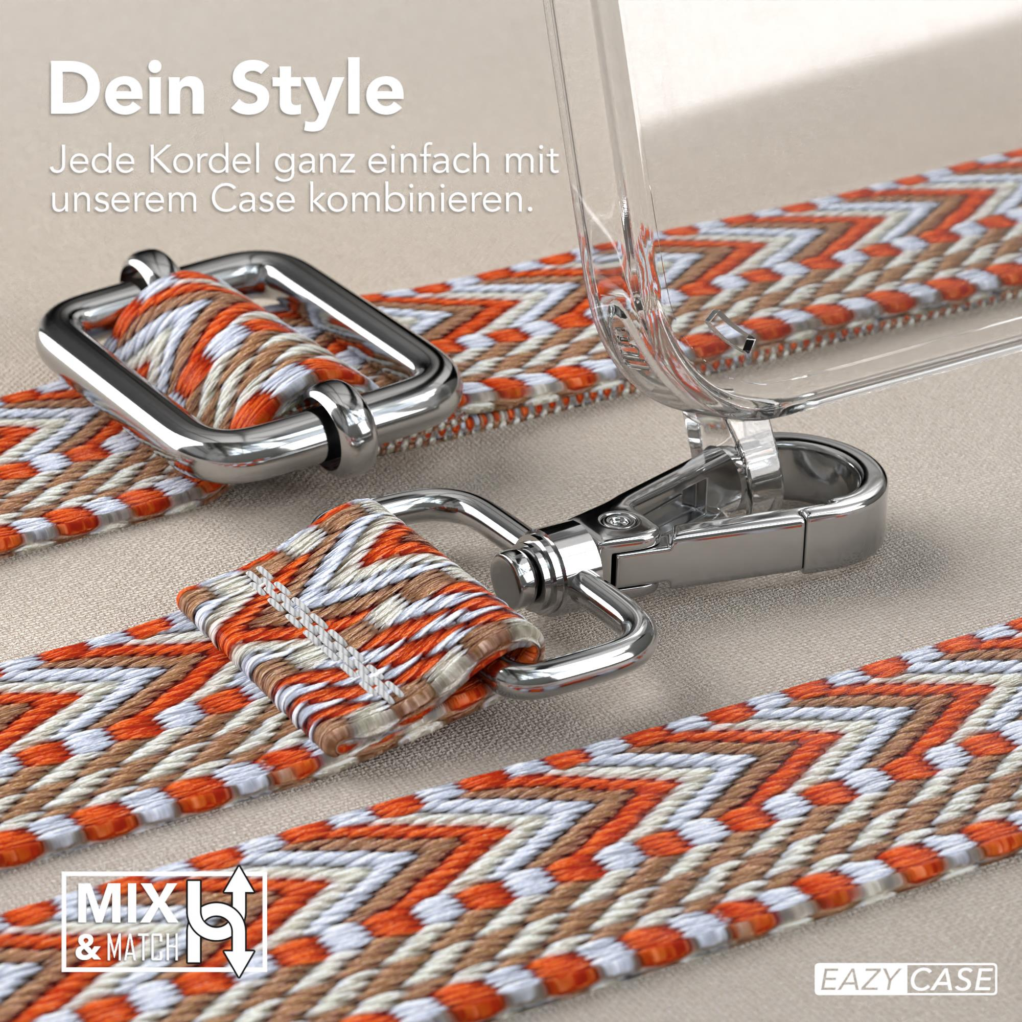 Nahaufnahme eines Handybandes mit orangefarbenem Muster und Metallverschlüssen. Text: Dein Style, Eazy Case.