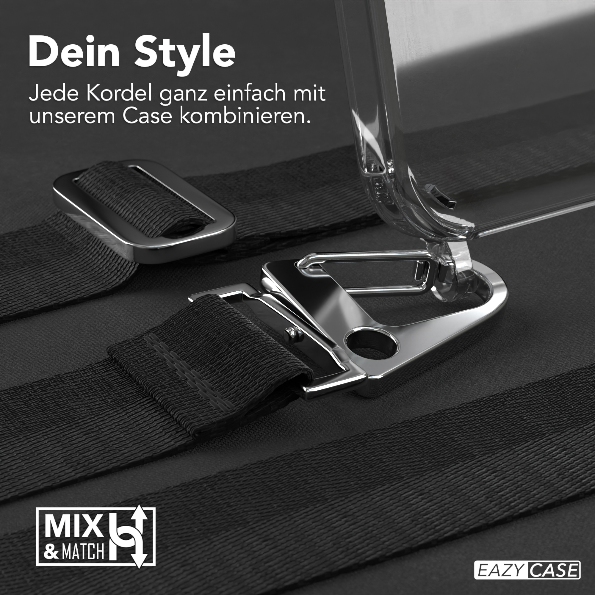 Nahaufnahme einer transparenten Handyhülle mit schwarzen Riemen und Metallverschlüssen. Schwarzer Hintergrund.
