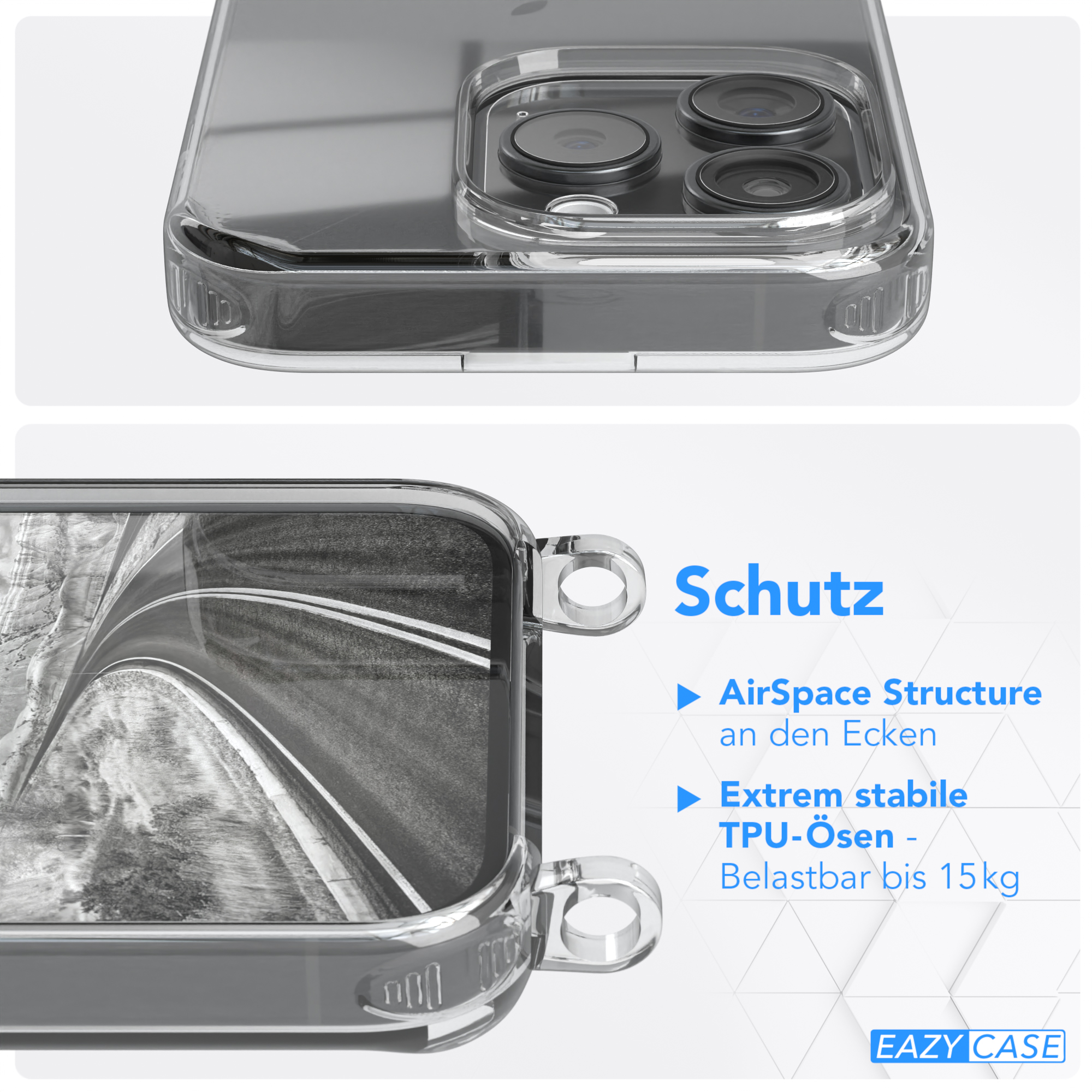 Transparente Handyhülle mit Kameraaussparung. Text: Schutz. Details der Hülle.