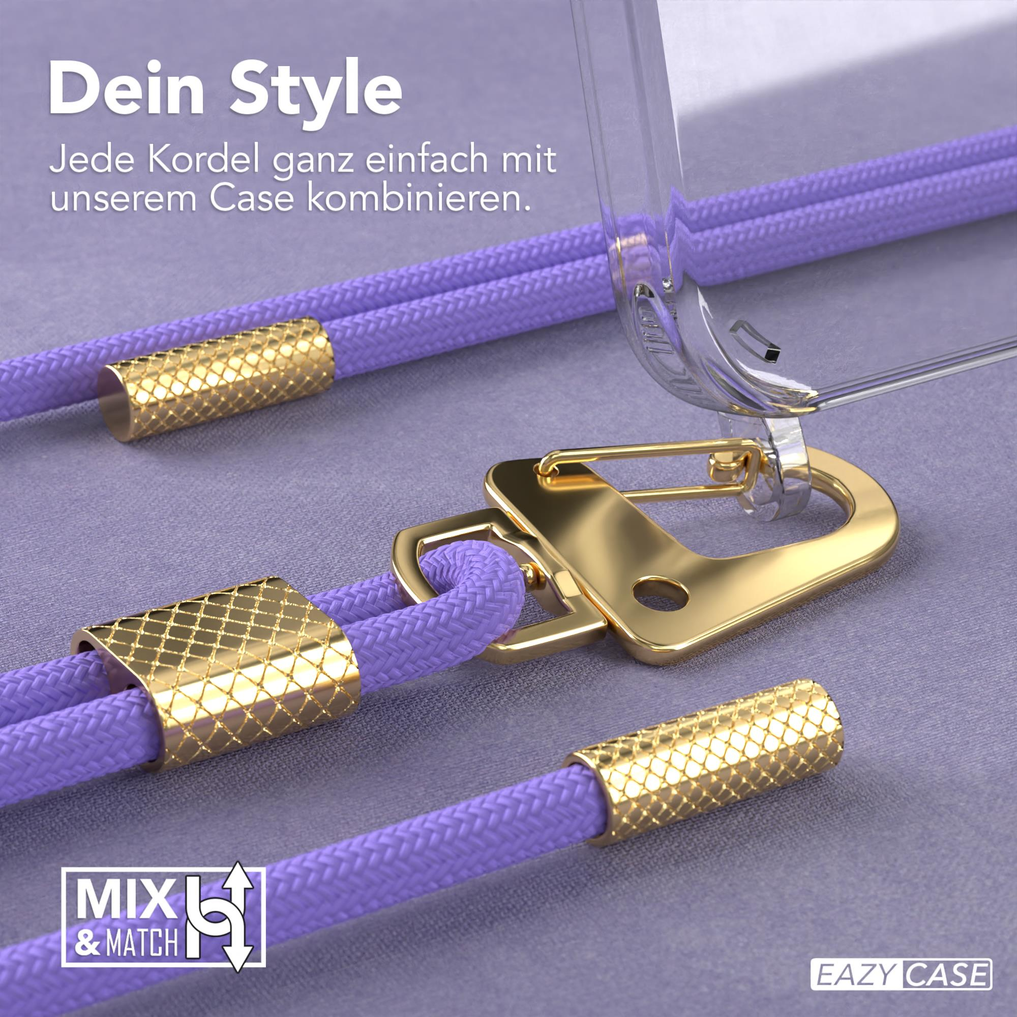 Nahaufnahme einer Handyhülle mit lila Kordel und goldenen Akzenten. Text: Dein Style.