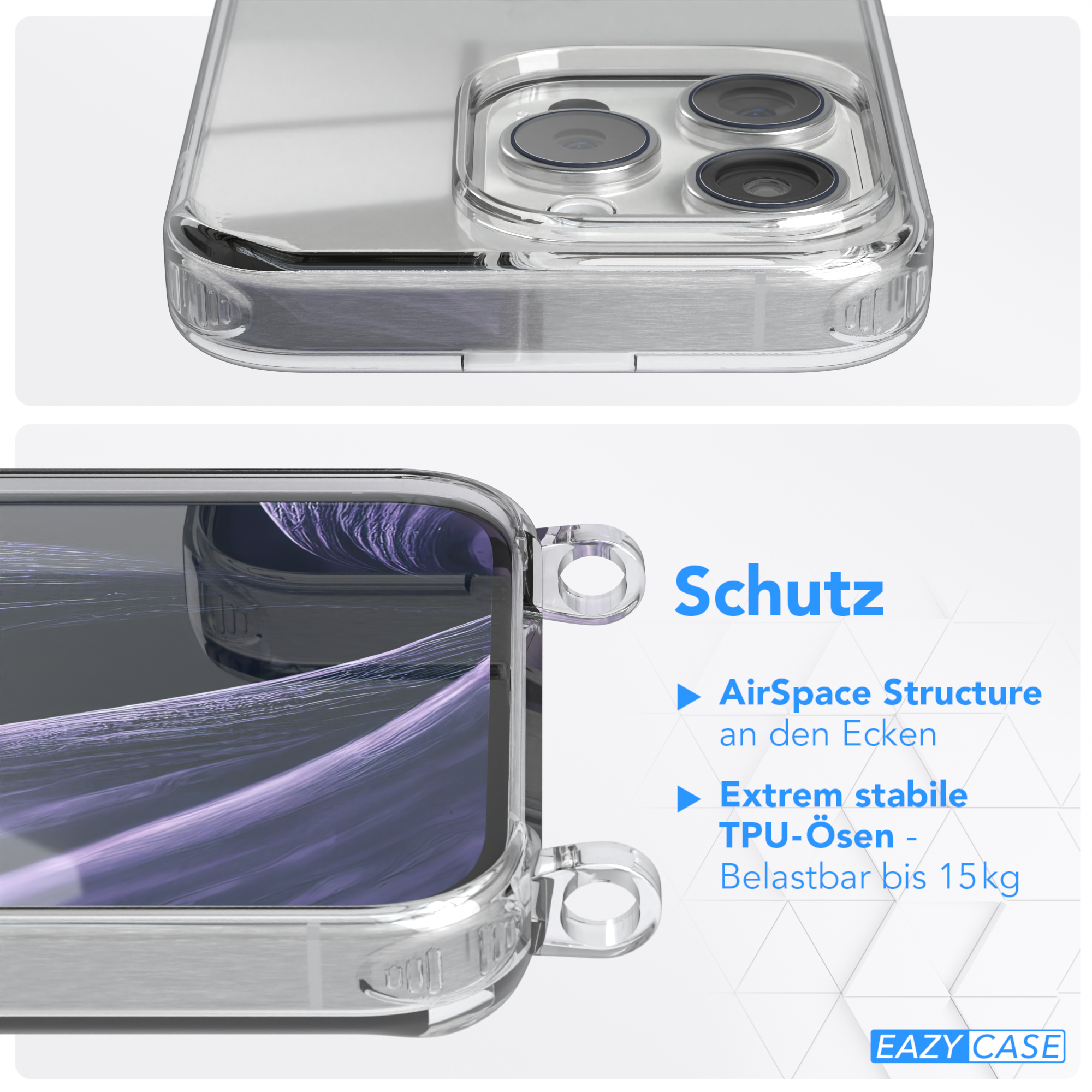 Eine transparente Handyhülle mit Telefon. Der Text lautet: "AirSpace Structure", "TPU-Ösen" und "Belastbar bis 15kg".