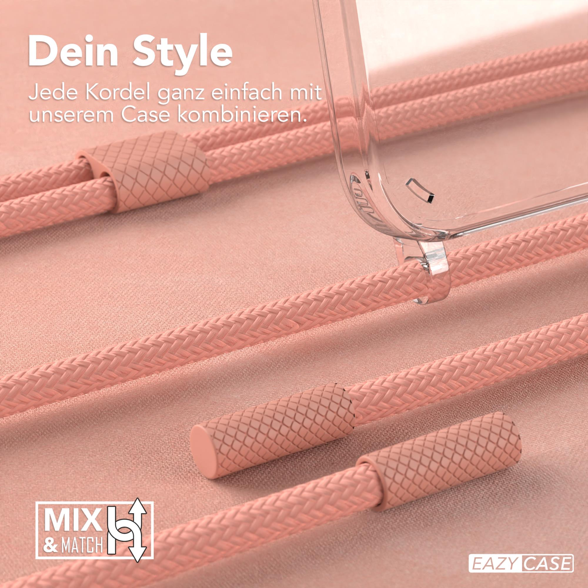 Pinkfarbene Telefonkordeln mit einer durchsichtigen Handyhülle. Mix-and-Match-Konzept.