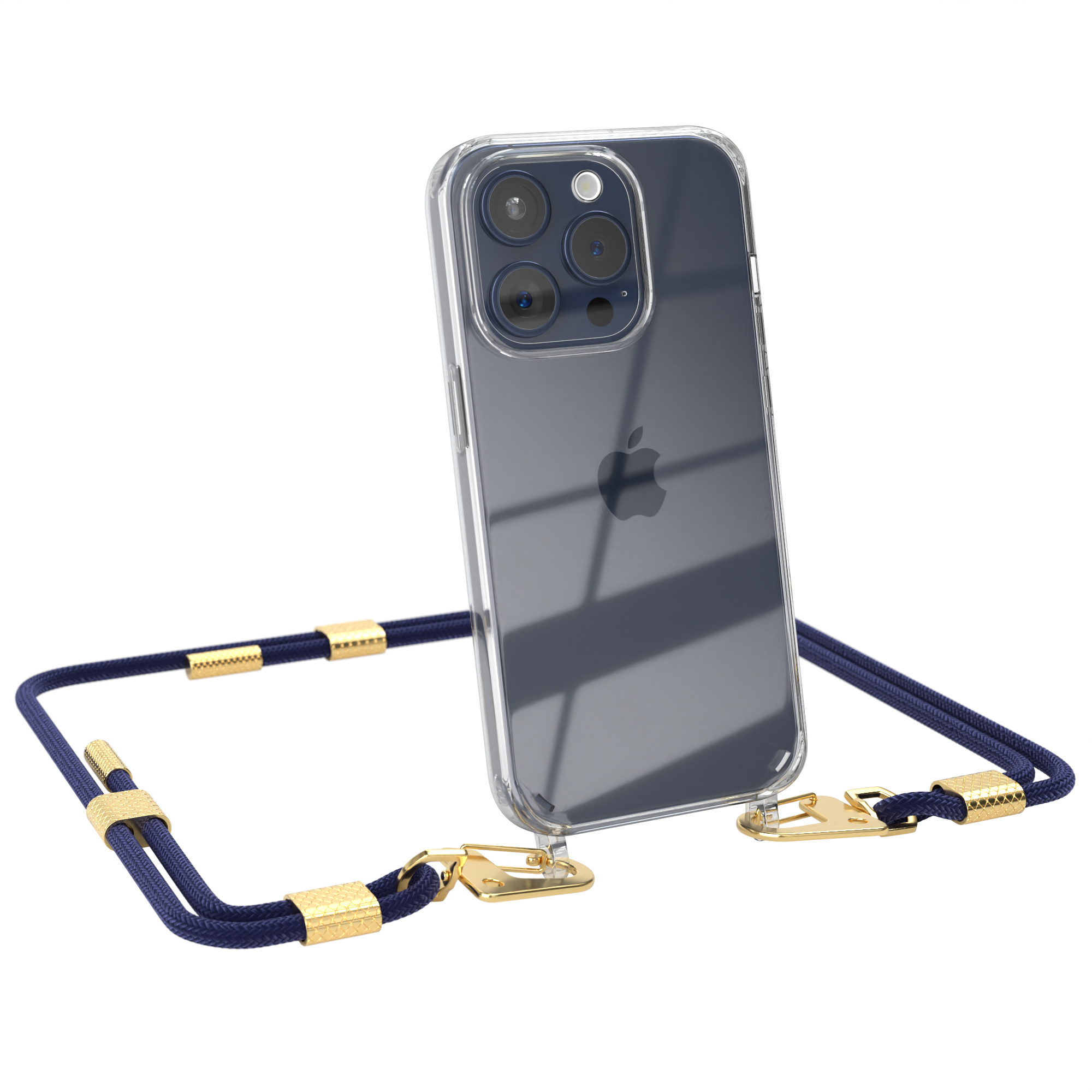 Ein Telefon mit einer transparenten Hülle und einem blauen Umhängeband. Das Telefon hat eine Kamera.