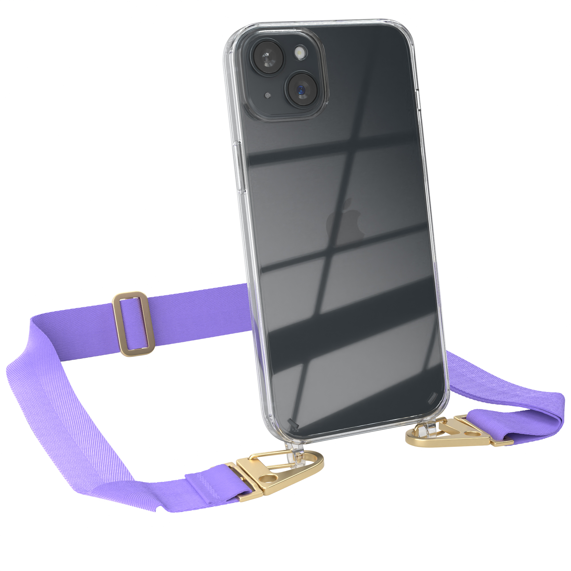 EAZY CASE Transparente + Karabiner, Flieder iPhone mit 15 breiter Apple, / Gold Kordel Umhängetasche, Handyhülle Plus