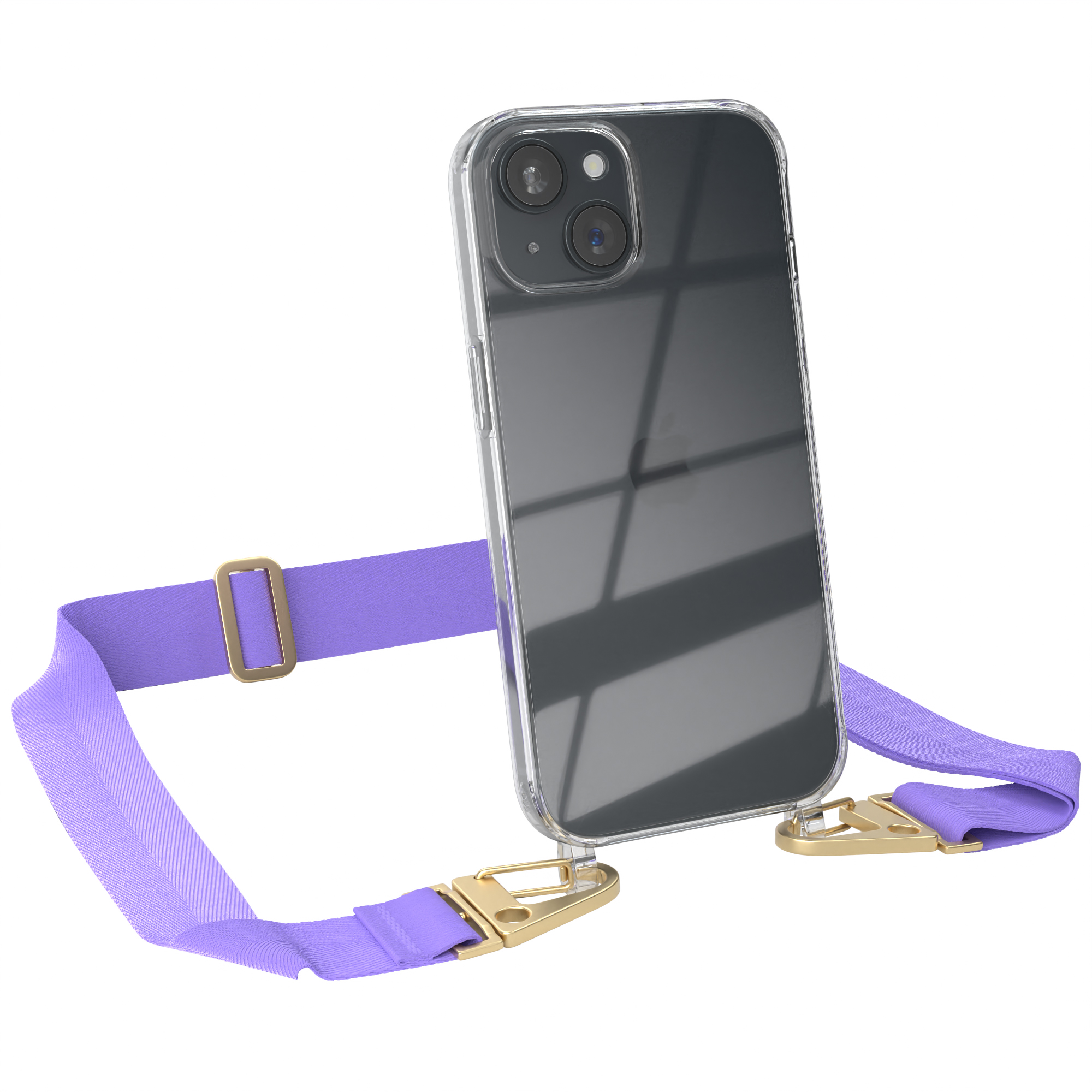 Klares Telefon mit Riemen und lila Gurt. Goldene Verschlüsse halten den Riemen am Telefon.