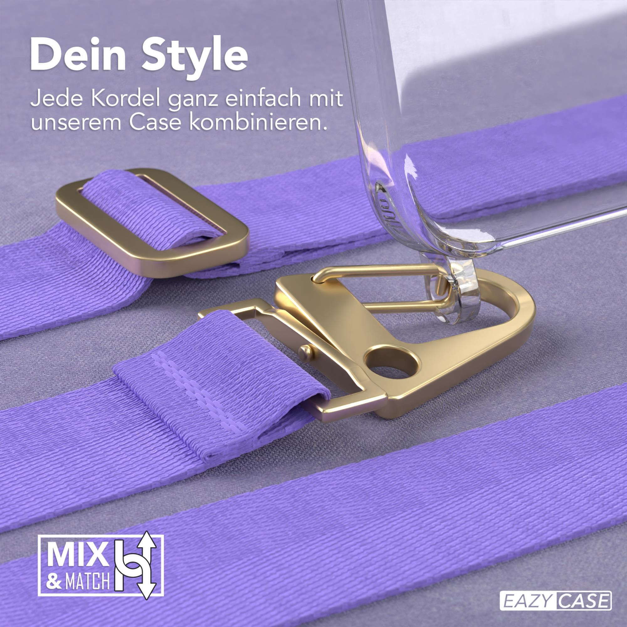 Lila Telefonriemen an einer transparenten Handyhülle mit goldenen Schnallen.