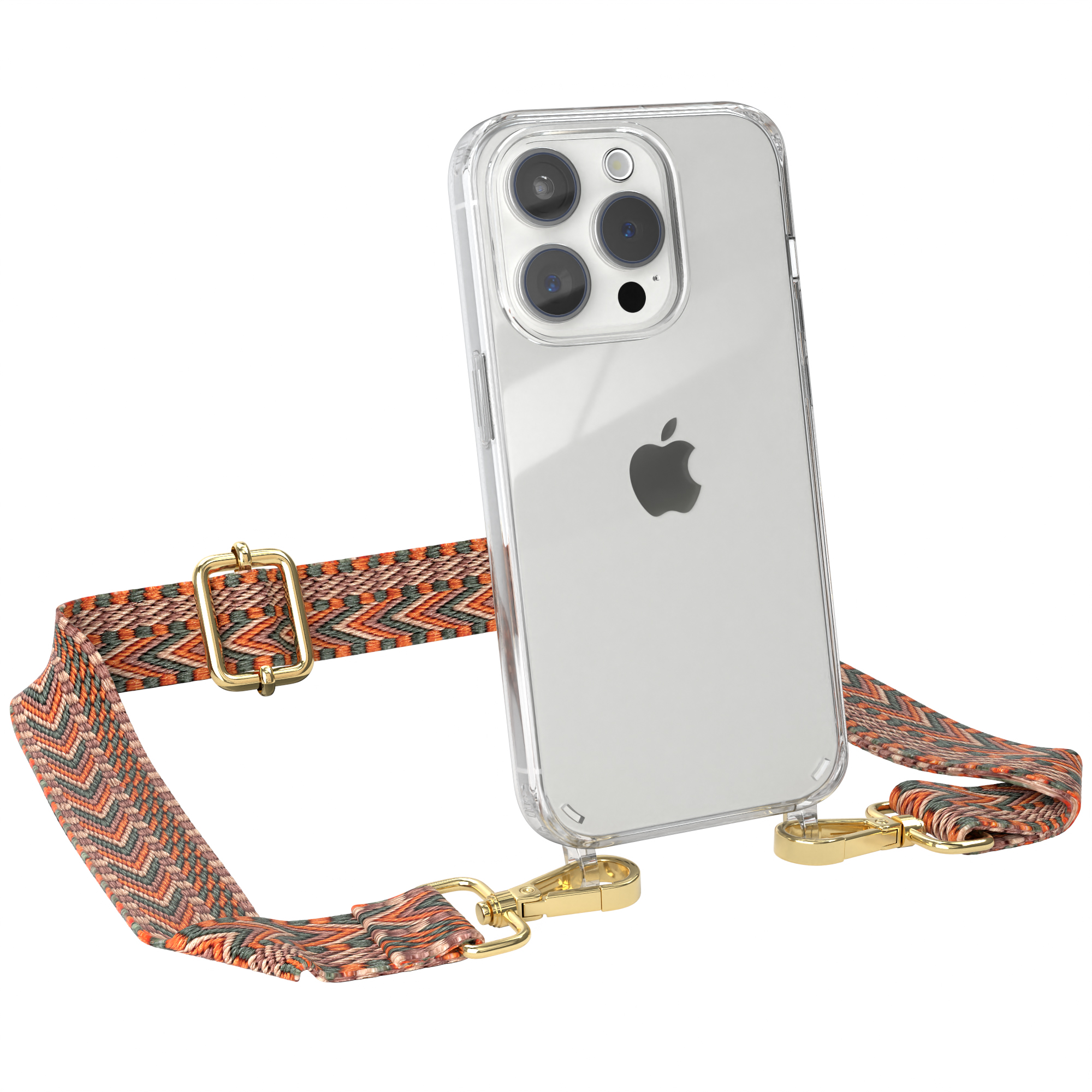 Transparente Handyhülle mit Trageriemen, hält ein iPhone. Gurt hat Muster.