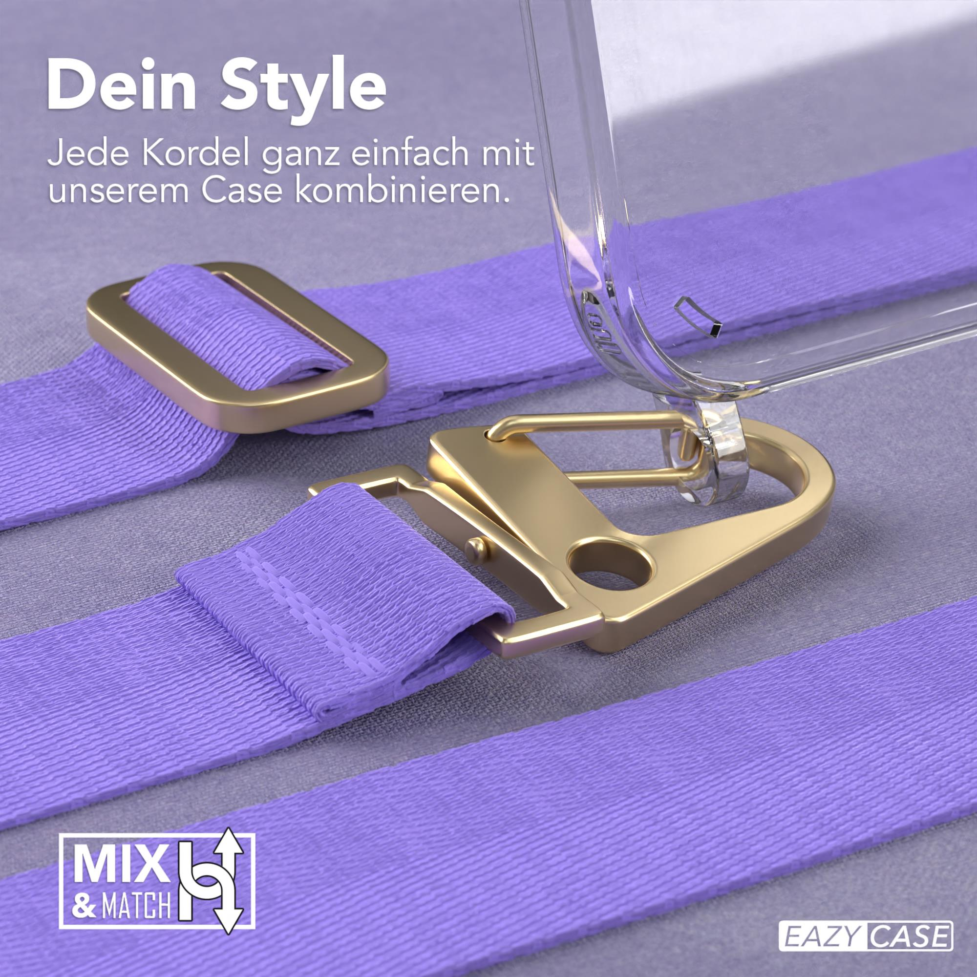 Nahaufnahme eines lila Handybandes mit goldenem Verschluss. Das Band ist an einer Handyhülle befestigt.
