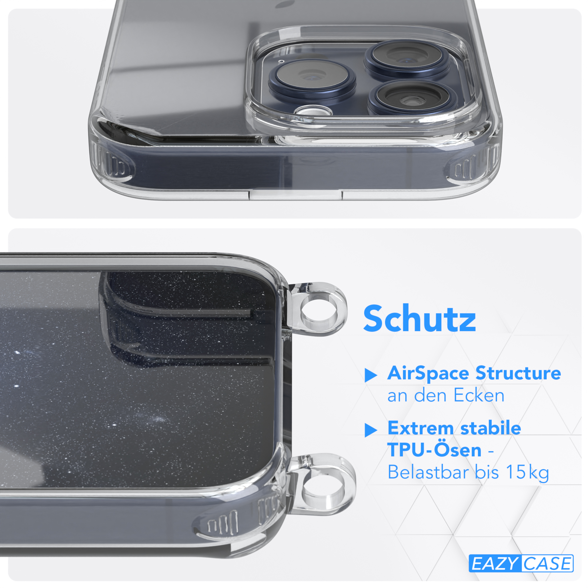 Nahaufnahme einer transparenten Handyhülle. Sie zeigt das Design der Hülle und das Telefon darin.