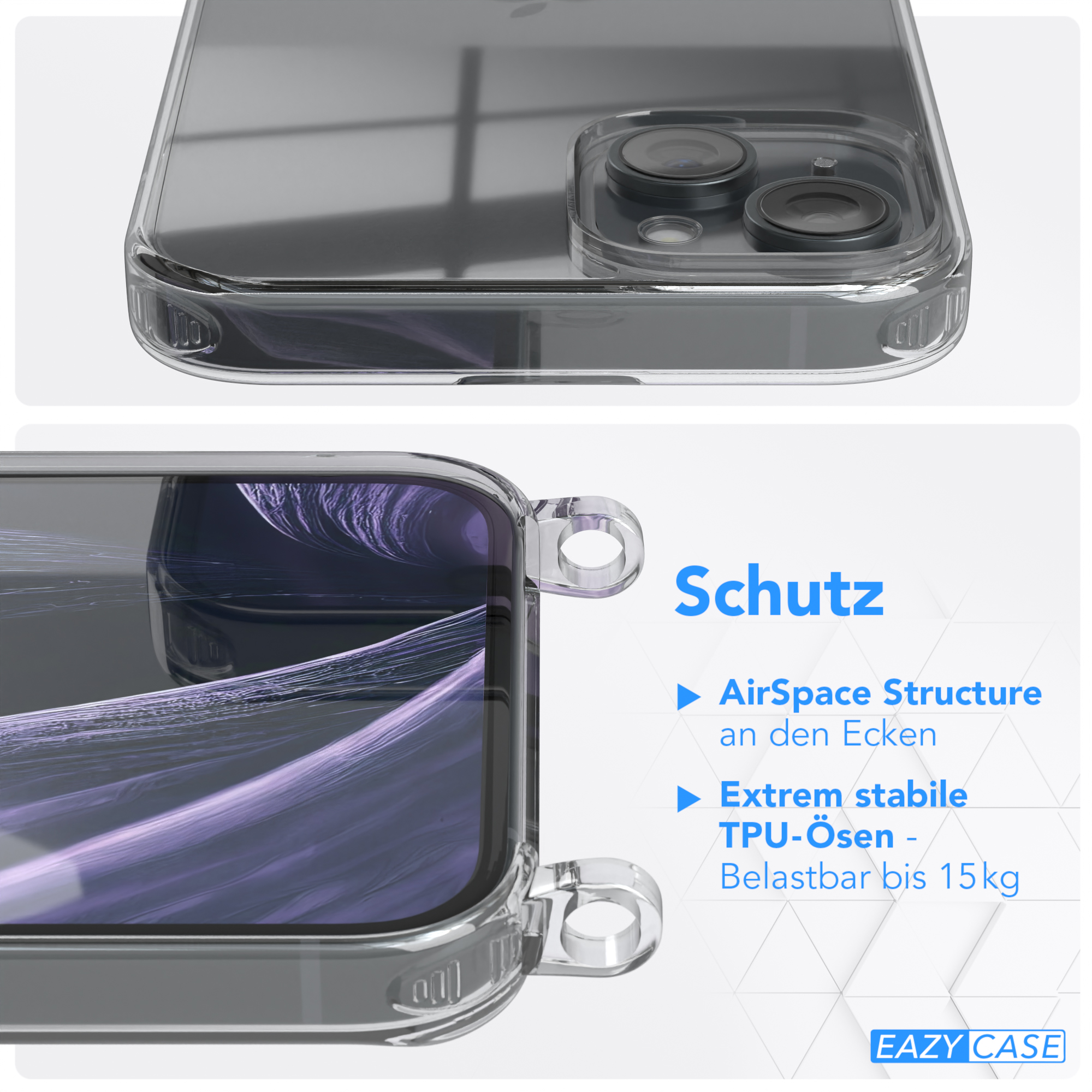 EAZY CASE Transparente Handyhülle mit Kordel Plus, Umhängetasche, Gold 15 + iPhone breiter Karabiner, / Apple, Flieder
