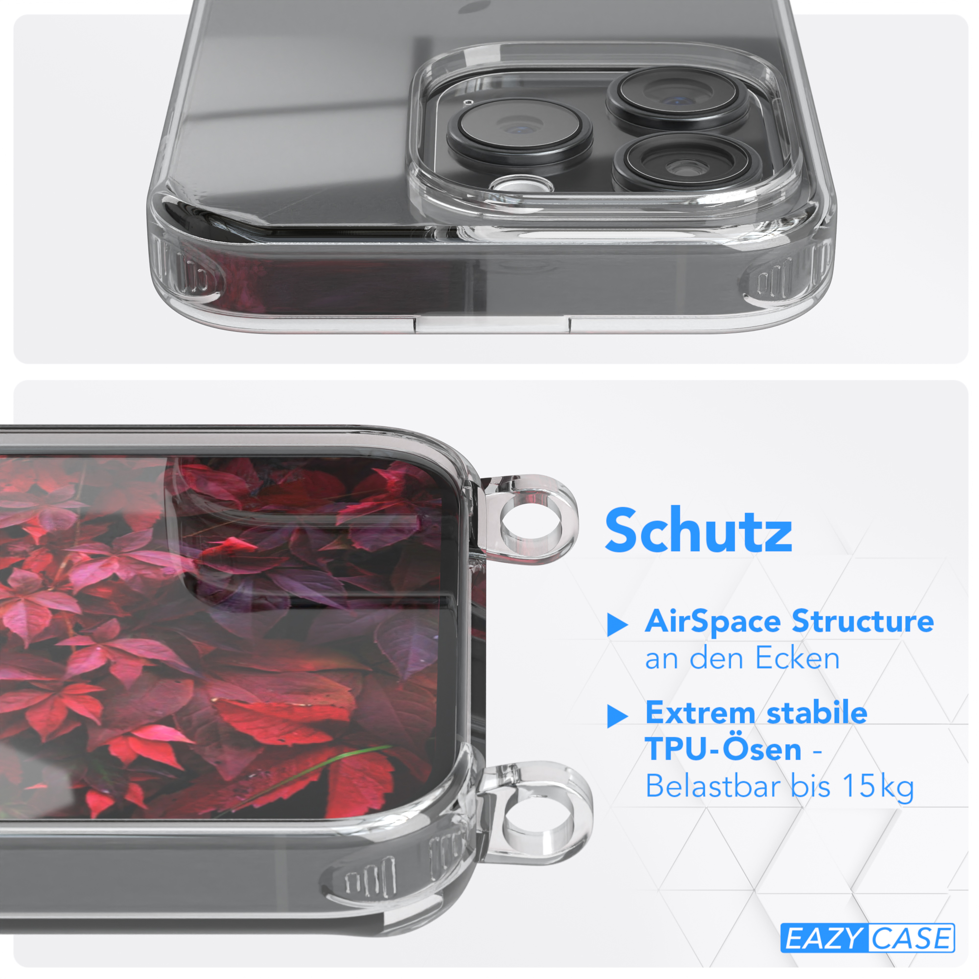 Nahaufnahme der Handyhülle mit rotem Blattdesign und Text: AirSpace Structure und Eazy Case Logo.