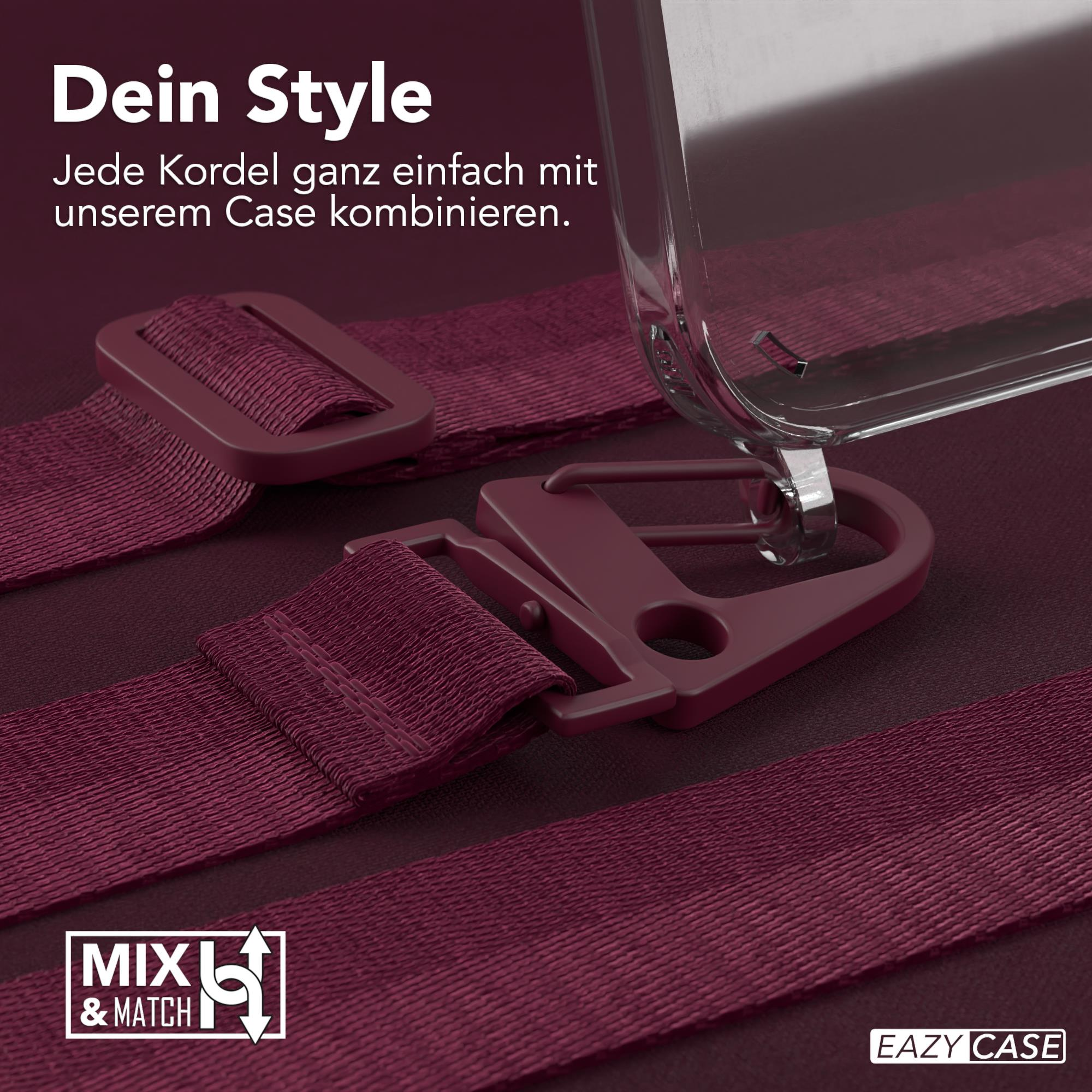 Handyhülle mit Trageriemen und Schnalle. Dunkelroter Riemen und Schnalle. Text: Kombinieren Sie mit unserer Hülle.