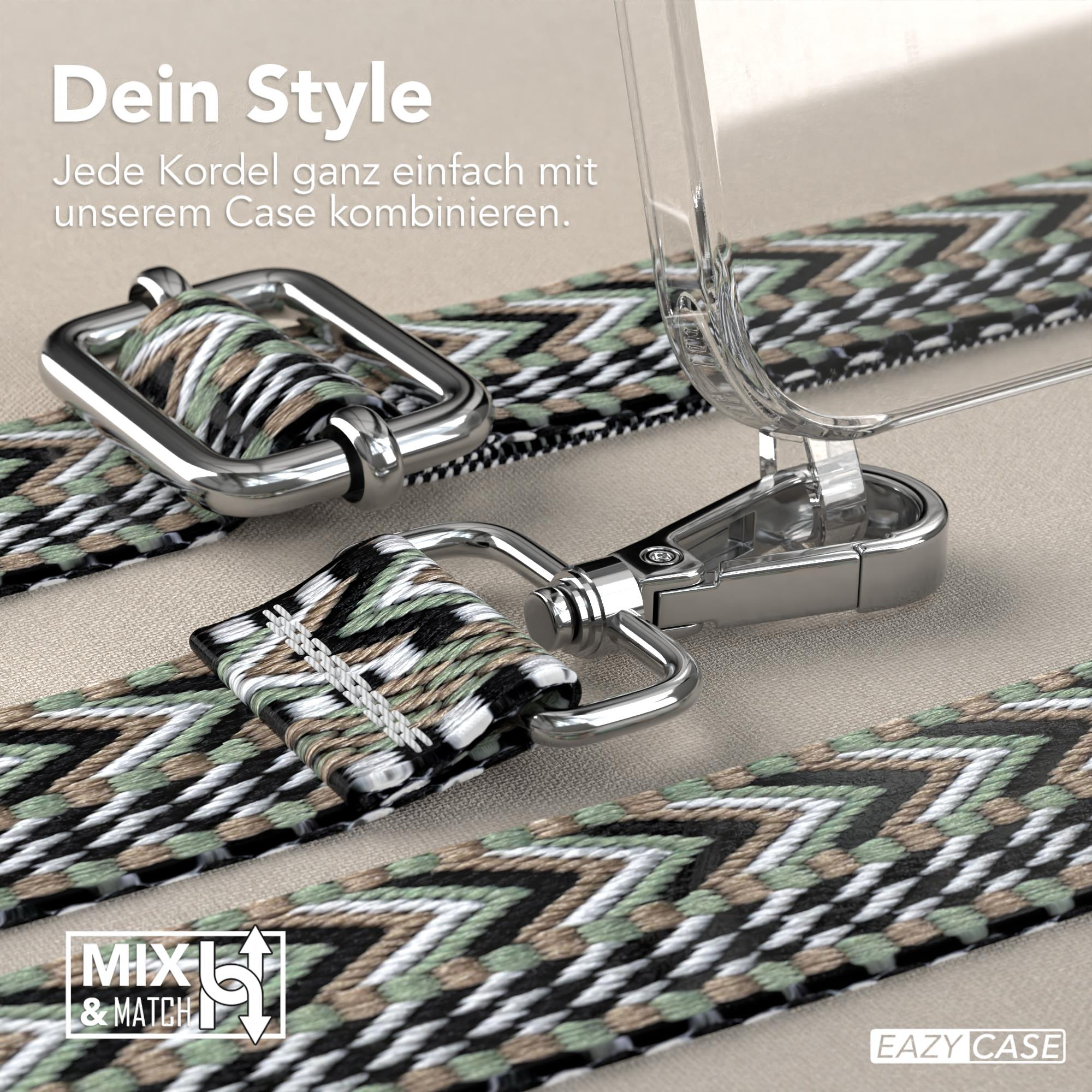 Nahaufnahme von Handyhüllenriemen mit gemustertem Design, mit silbernen Verschlüssen und einer Handyhülle.
