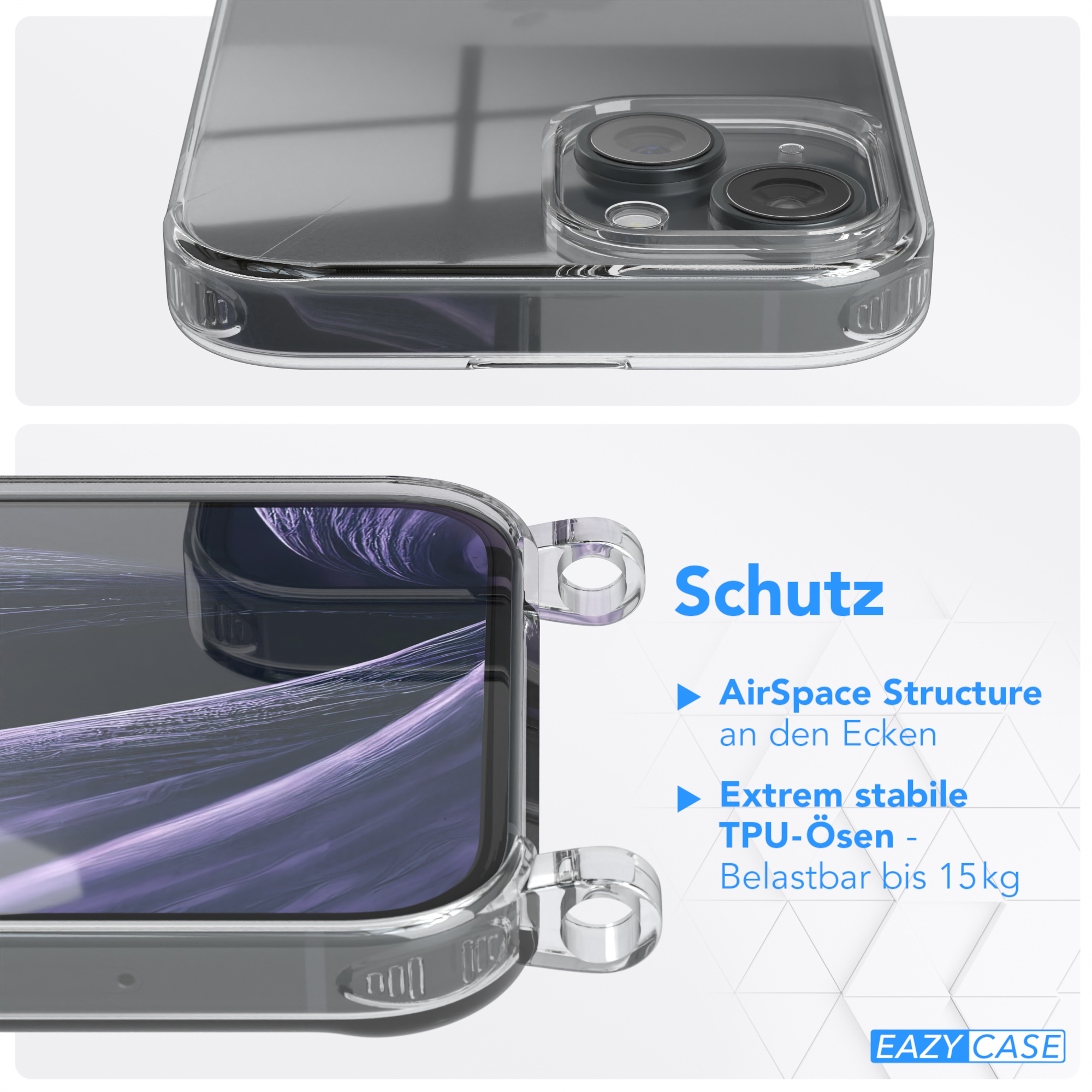 15, EAZY Umhängetasche, Transparente + CASE breiter mit Kordel Karabiner, Gold Flieder Apple, / iPhone Handyhülle