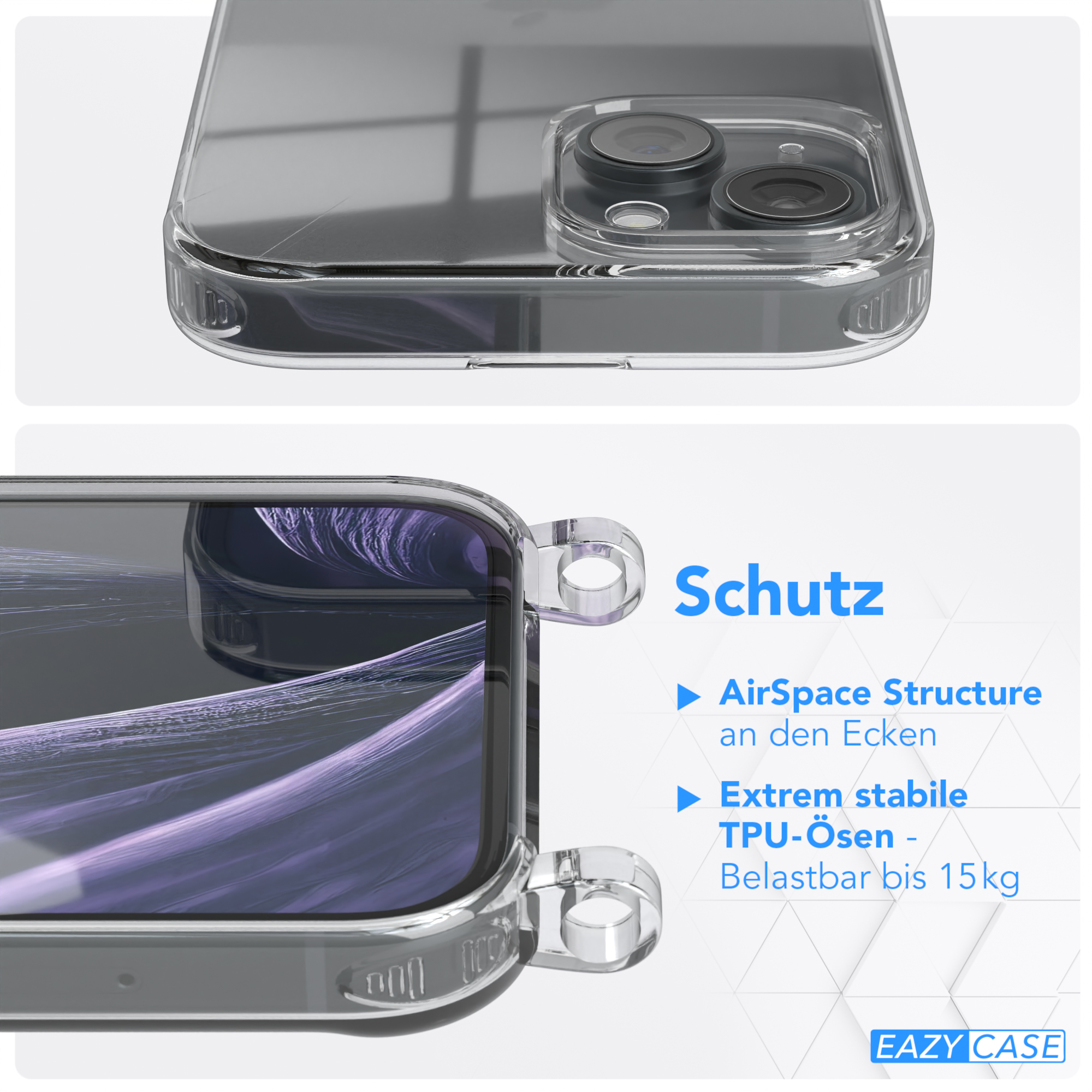 Nahaufnahme einer Handyhülle mit klarem Design, Ecken und TPU-Material-Schutz.