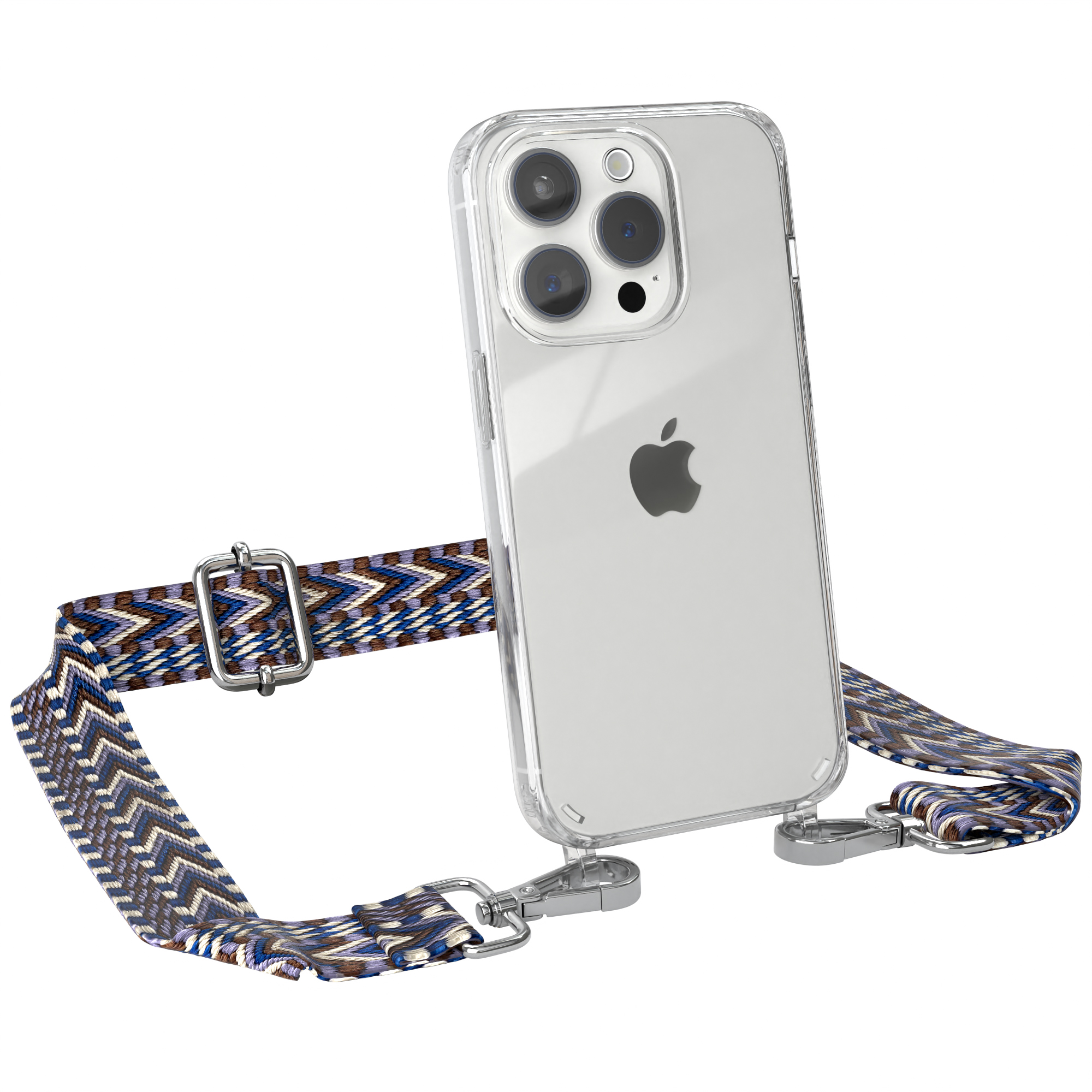 iPhone in klarer Hülle mit gemustertem Riemen. Silberne Verschlüsse. Weißer Hintergrund.