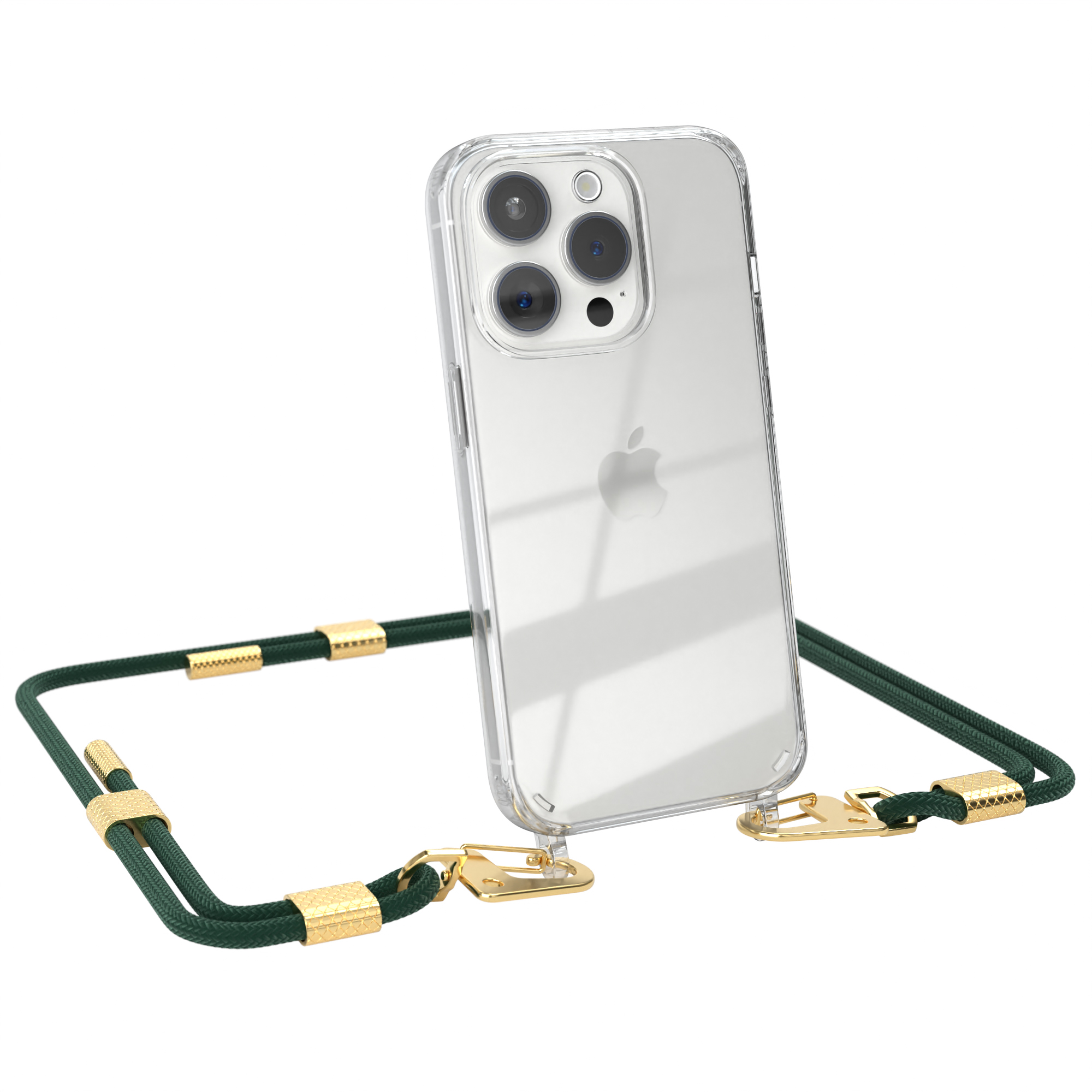 Ein Telefon mit durchsichtiger Hülle und grüner Kordel. Das Telefon ist ein iPhone.