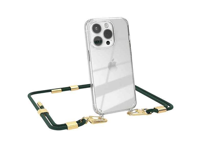 Handyhülle + / CASE Karabiner, runder Umhängetasche, Kordel Gold iPhone Pro, 15 Nachtgrün mit Apple, Transparente EAZY